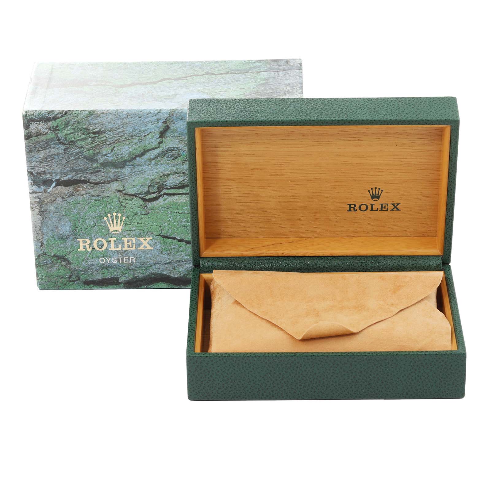 The image shows the packaging box for the Rolex Datejust 16233 Men's Steel and Gold (two tone) Blue Dial 16233 Men's Steel and Gold (two tone) Blue Dial watch, including its outer box and an open inner box with a cushion.