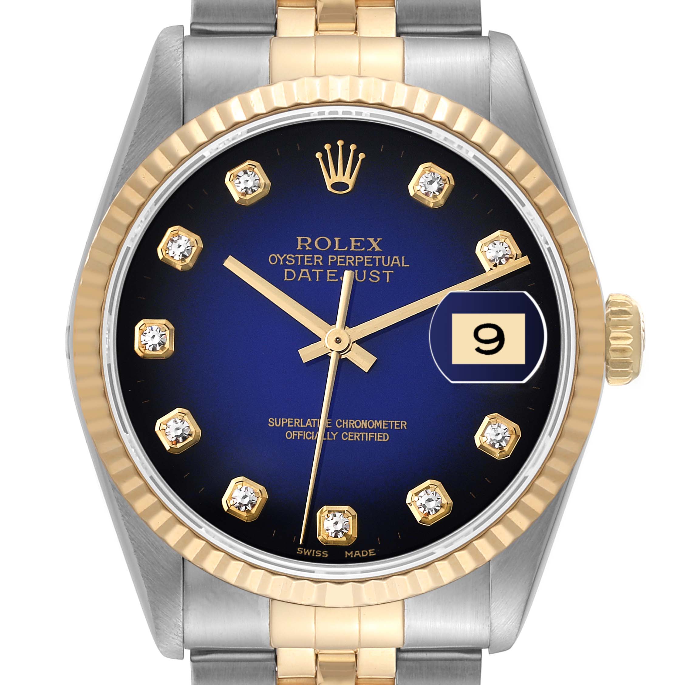 The image shows a frontal view of a Rolex Datejust 16233 Men's Steel and Gold (two tone) Blue Dial 16233 Men's Steel and Gold (two tone) Blue Dial watch, highlighting its blue dial, date display, and gold and silver bracelet.
