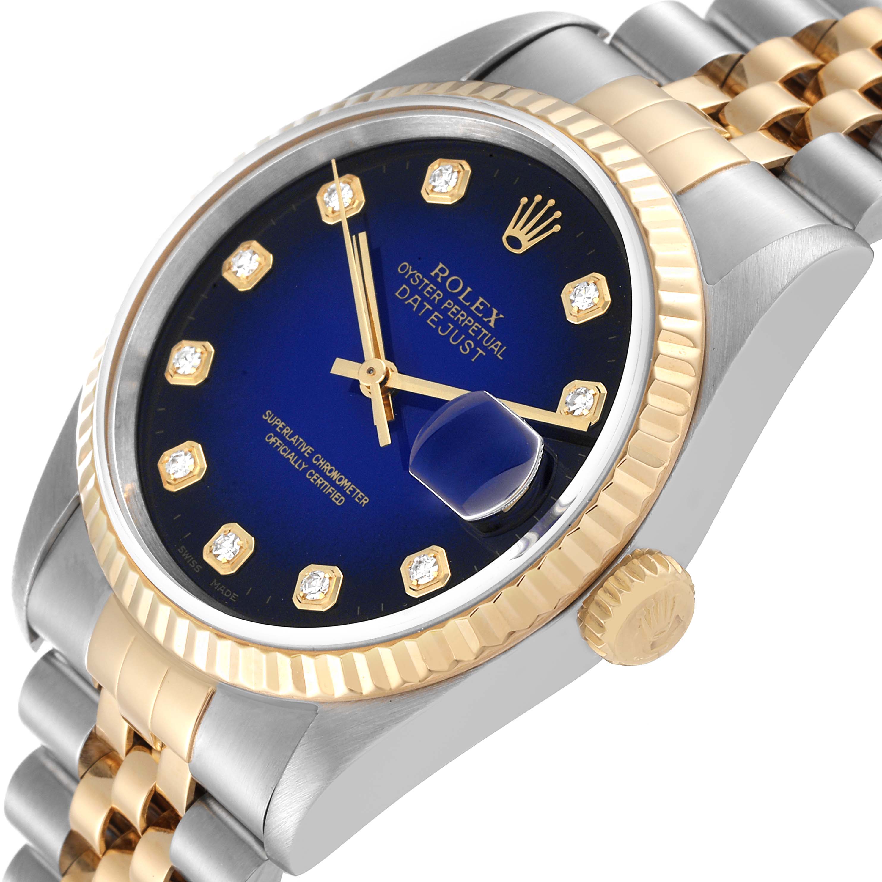 The image shows a close-up angled view of a Rolex Datejust 16233 Men's Steel and Gold (two tone) Blue Dial 16233 Men's Steel and Gold (two tone) Blue Dial watch, detailing the dial, bezel, and bracelet.