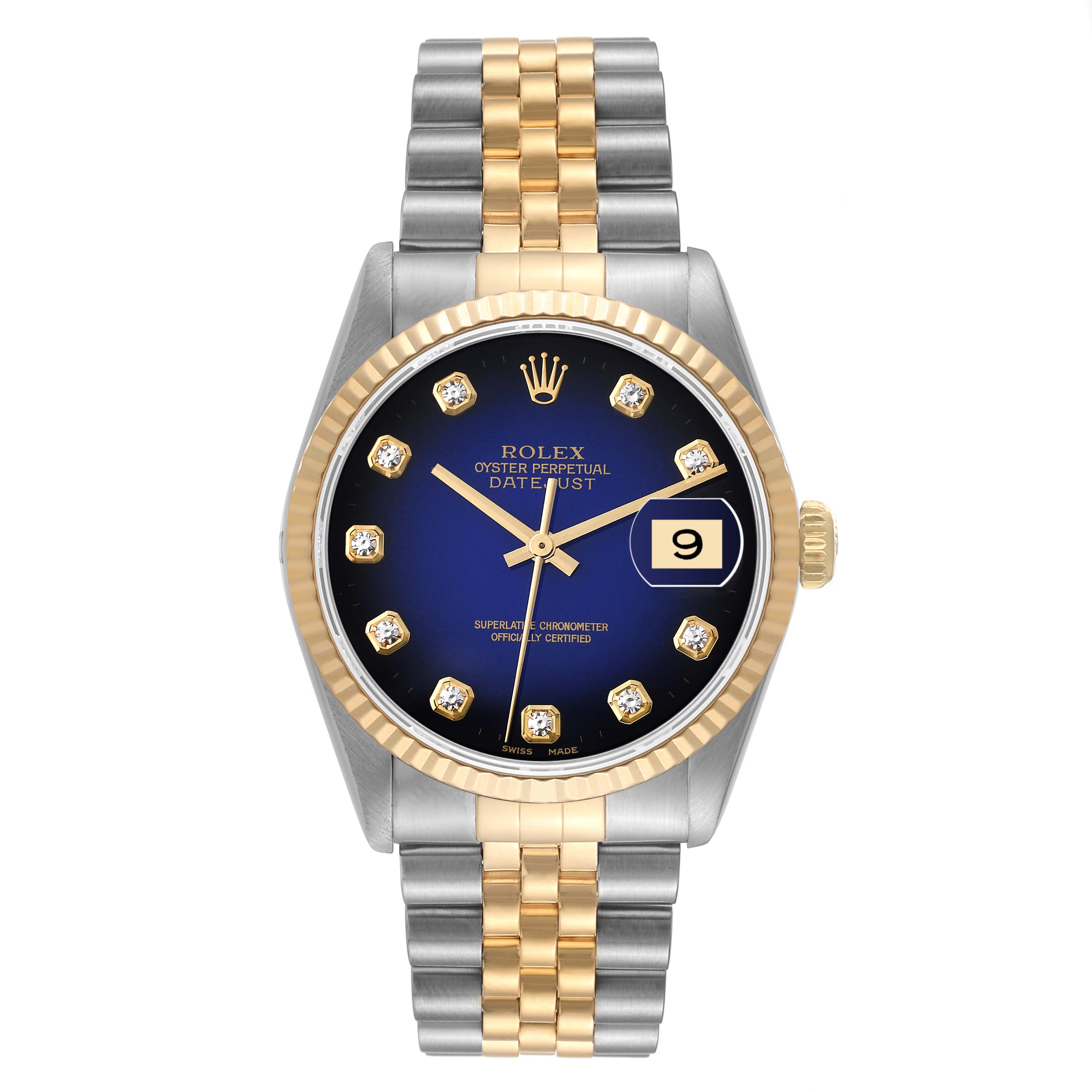 The image shows a front view of a Rolex Datejust 16233 Men's Steel and Gold (two tone) Blue Dial 16233 Men's Steel and Gold (two tone) Blue Dial watch with a two-tone bracelet and a blue dial with diamond hour markers.