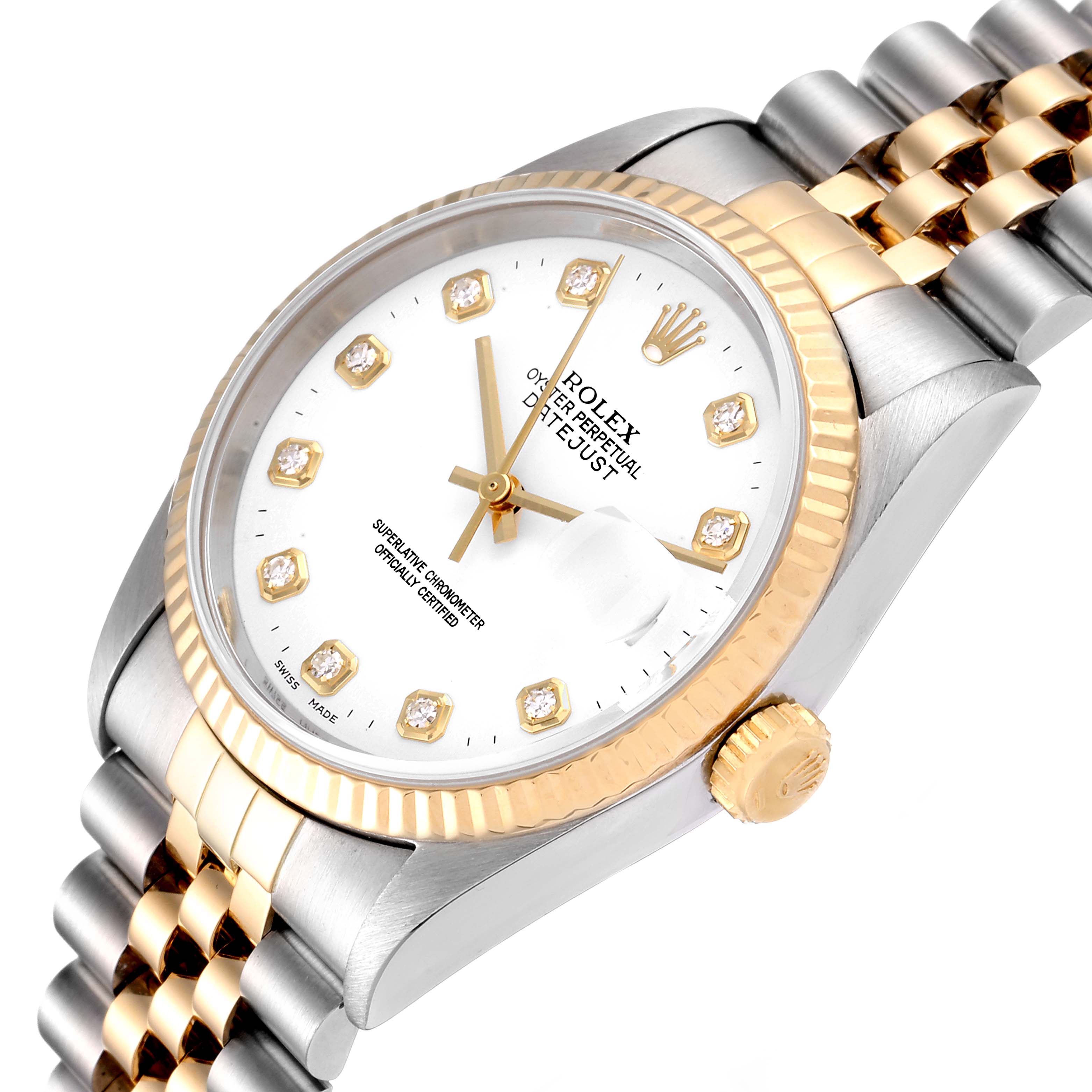 This image shows a Rolex Datejust 16233 Men's Steel and Gold (two tone) White Dial 16233 Men's Steel and Gold (two tone) White Dial watch at an angled top view, highlighting its bezel, crown, face, and part of the bracelet.