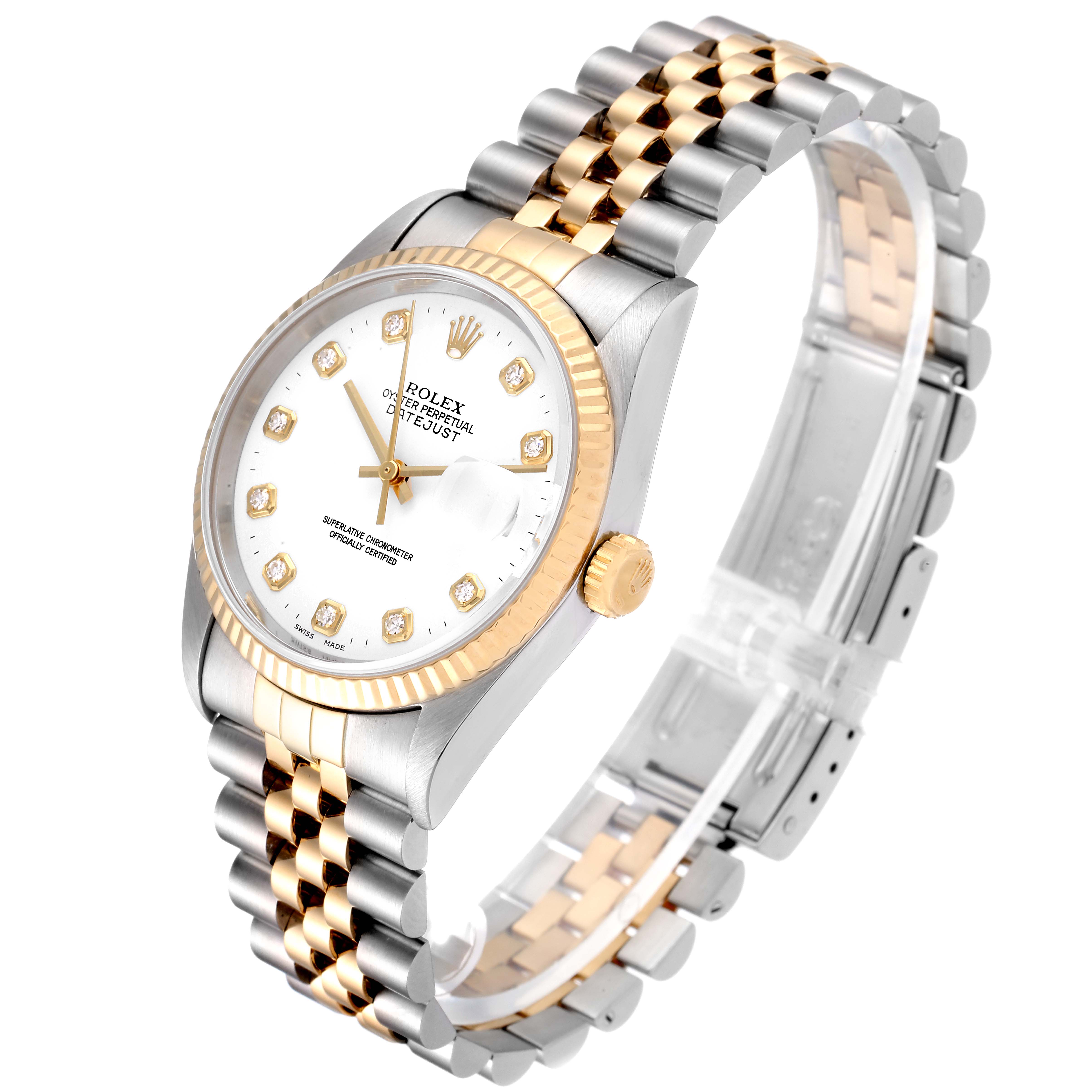 The Rolex Datejust 16233 Men's Steel and Gold (two tone) White Dial 16233 Men's Steel and Gold (two tone) White Dial watch is shown at a slight angle, highlighting the face, bezel, crown, and two-tone bracelet.