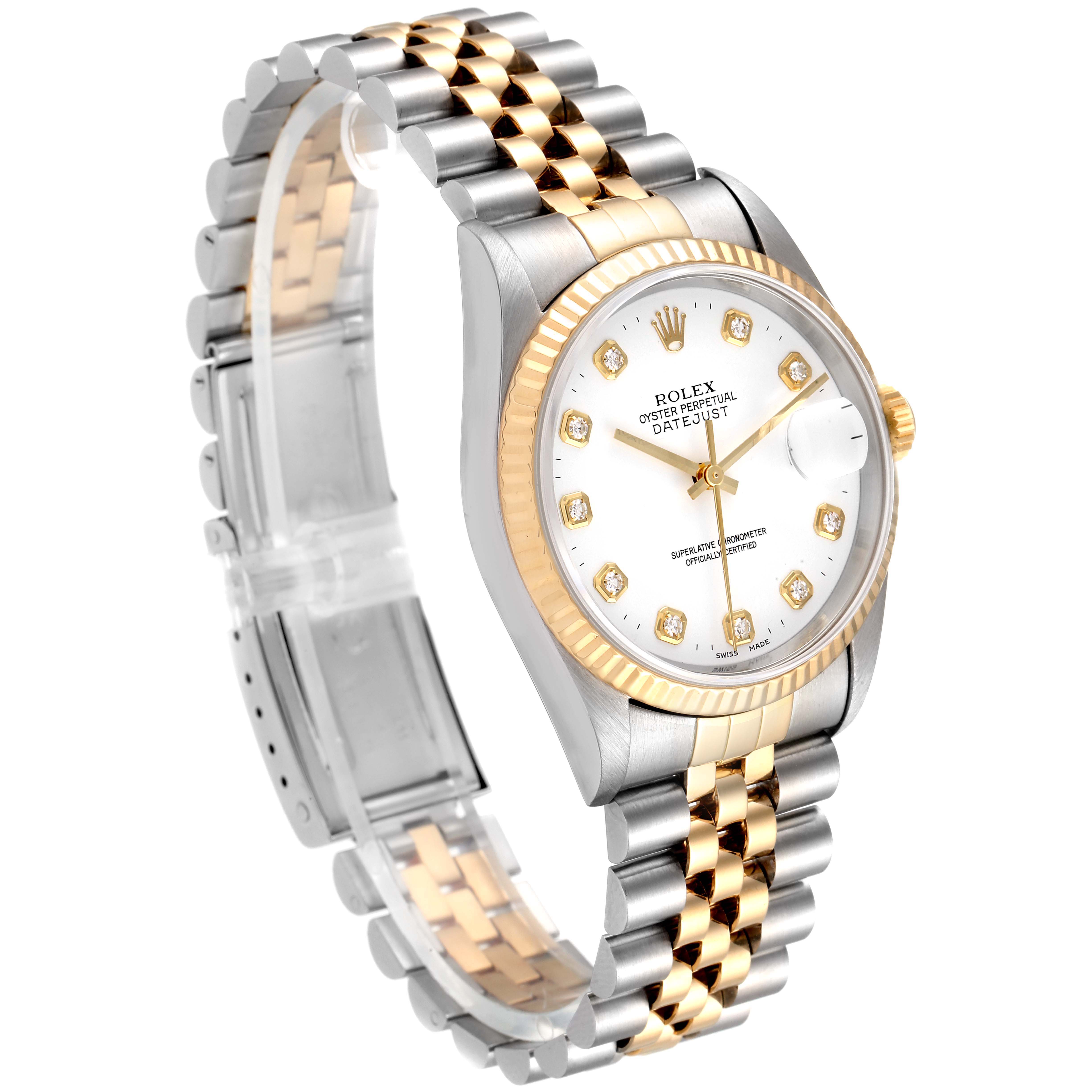 The image shows a Rolex Datejust 16233 Men's Steel and Gold (two tone) White Dial 16233 Men's Steel and Gold (two tone) White Dial watch at an angled view, highlighting the dial, bezel, and two-tone bracelet.