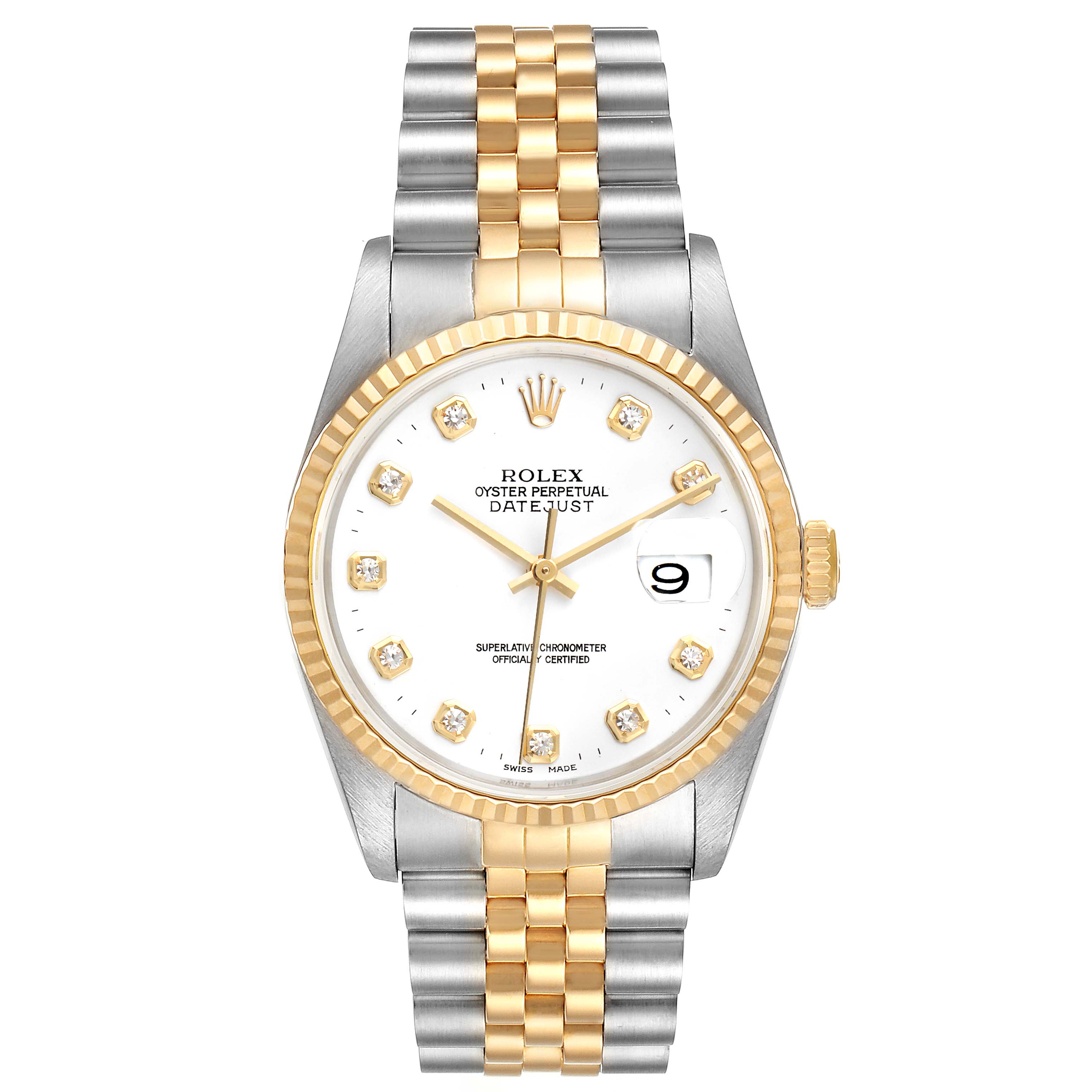 The image shows a front view of a Rolex Datejust 16233 Men's Steel and Gold (two tone) White Dial 16233 Men's Steel and Gold (two tone) White Dial watch, highlighting its two-tone bracelet, white dial, and date display.