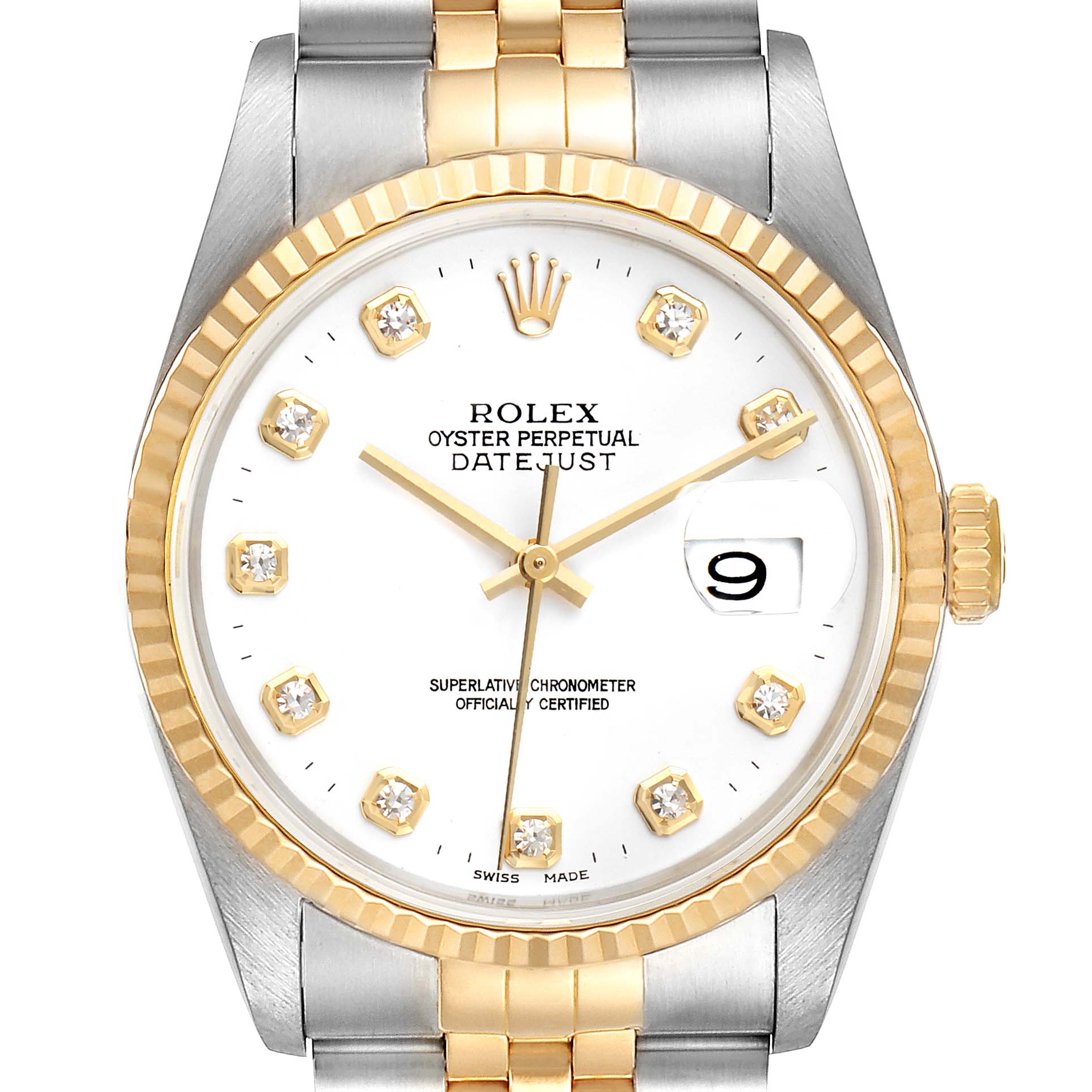 The image shows a front view of the Rolex Datejust 16233 Men's Steel and Gold (two tone) White Dial 16233 Men's Steel and Gold (two tone) White Dial model, highlighting the dial, hands, date window, bezel, and bracelet.