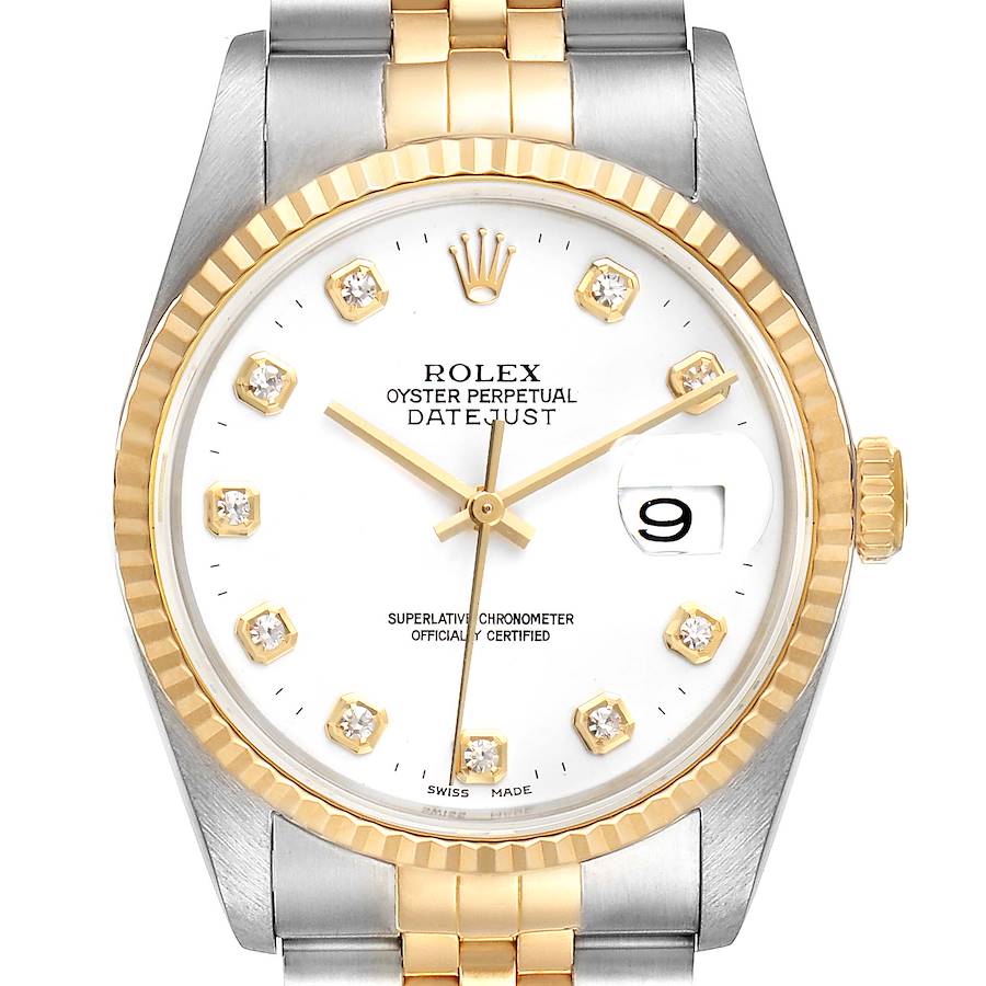 Rolex Datejust Steel Yellow Gold White Dial Diamond Mens Watch 16233 SwissWatchExpo