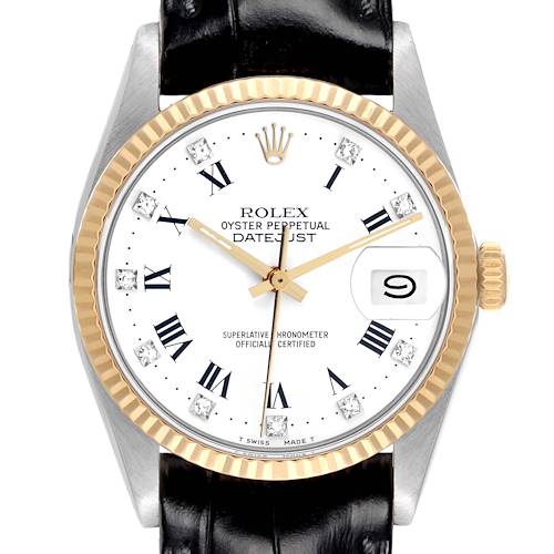 The Rolex Datejust watch is shown from the front, highlighting the face, bezel, crown, and leather strap.