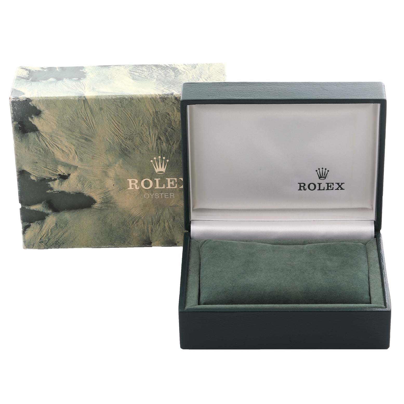 The image shows a Rolex Datejust 16013 Men's Steel and Gold (two tone) White Dial 16013 Men's Steel and Gold (two tone) White Dial box set, including an outer box and an open watch box, viewed from the front.