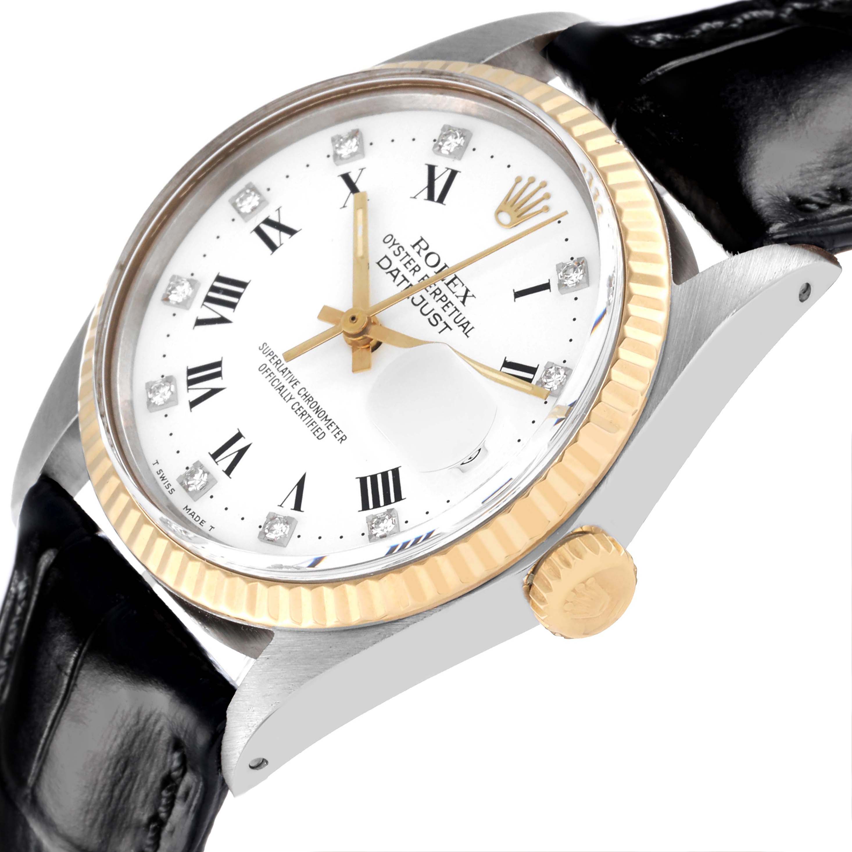 The Rolex Datejust 16013 Men's Steel and Gold (two tone) White Dial 16013 Men's Steel and Gold (two tone) White Dial watch is shown at an angled close-up, highlighting the dial, crown, and leather strap.