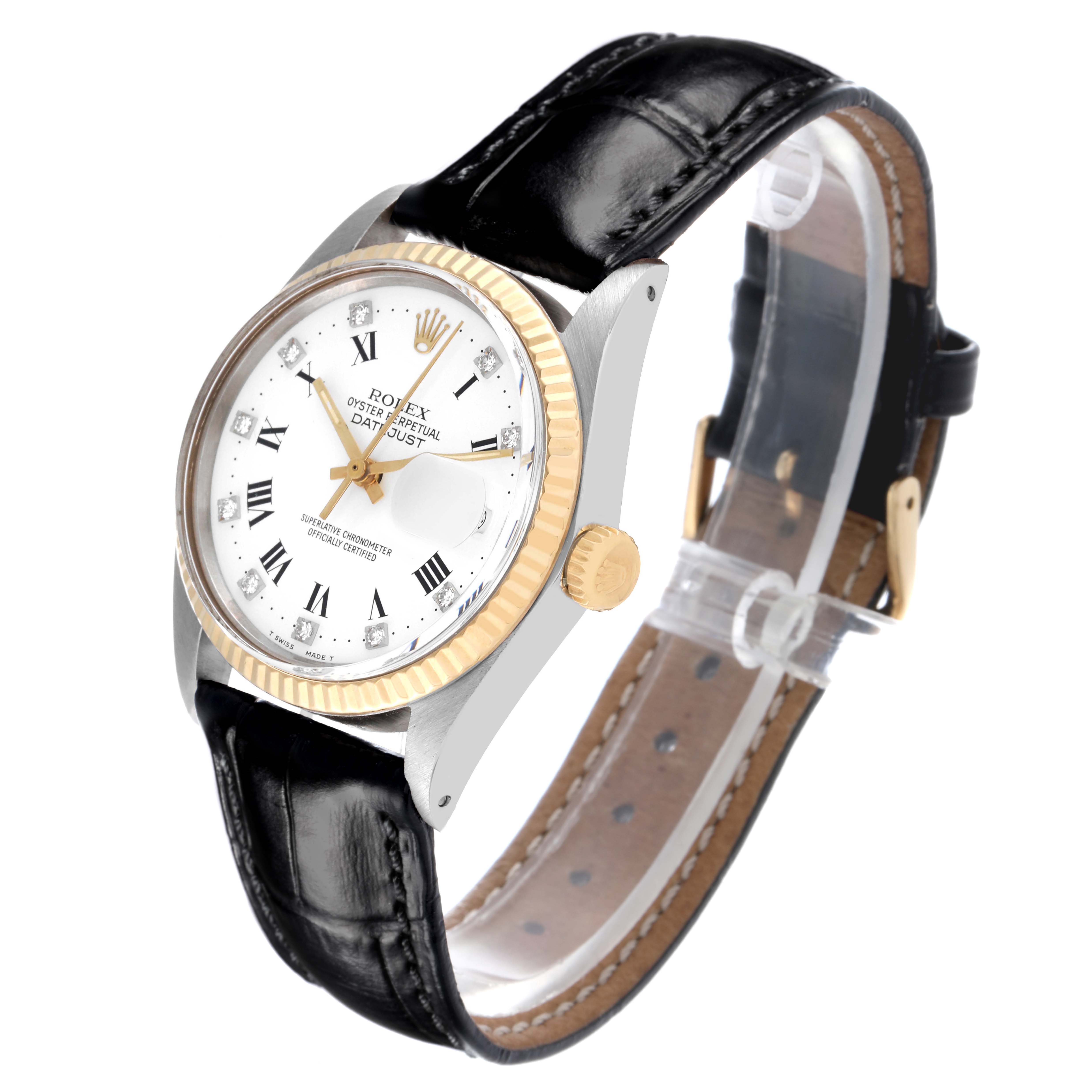 The Rolex Datejust 16013 Men's Steel and Gold (two tone) White Dial 16013 Men's Steel and Gold (two tone) White Dial watch is shown at a slight angle displaying the face, gold bezel, crown, and black leather strap.