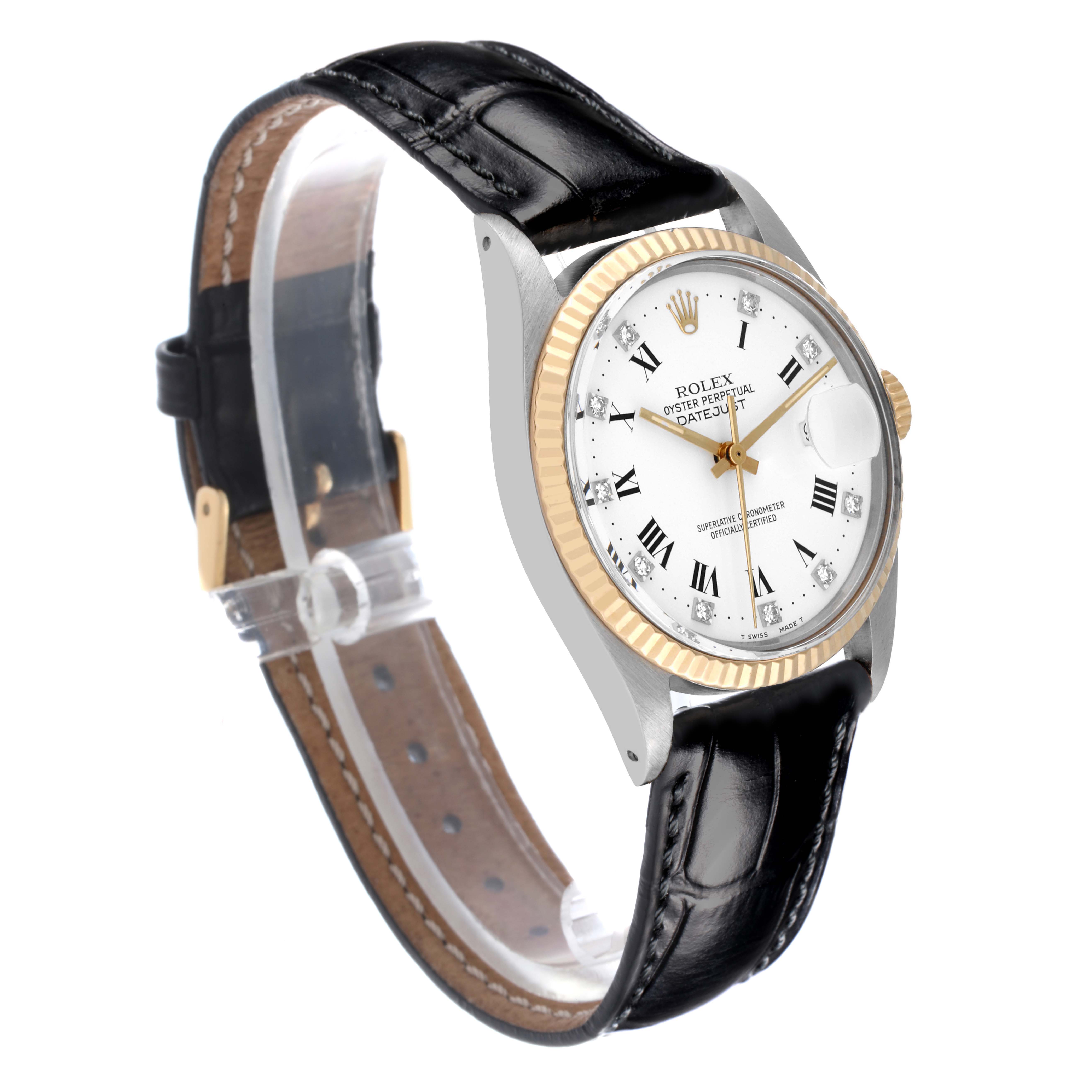 The Rolex Datejust 16013 Men's Steel and Gold (two tone) White Dial 16013 Men's Steel and Gold (two tone) White Dial watch is shown at a slight angle, displaying its face, bezel, and leather strap.