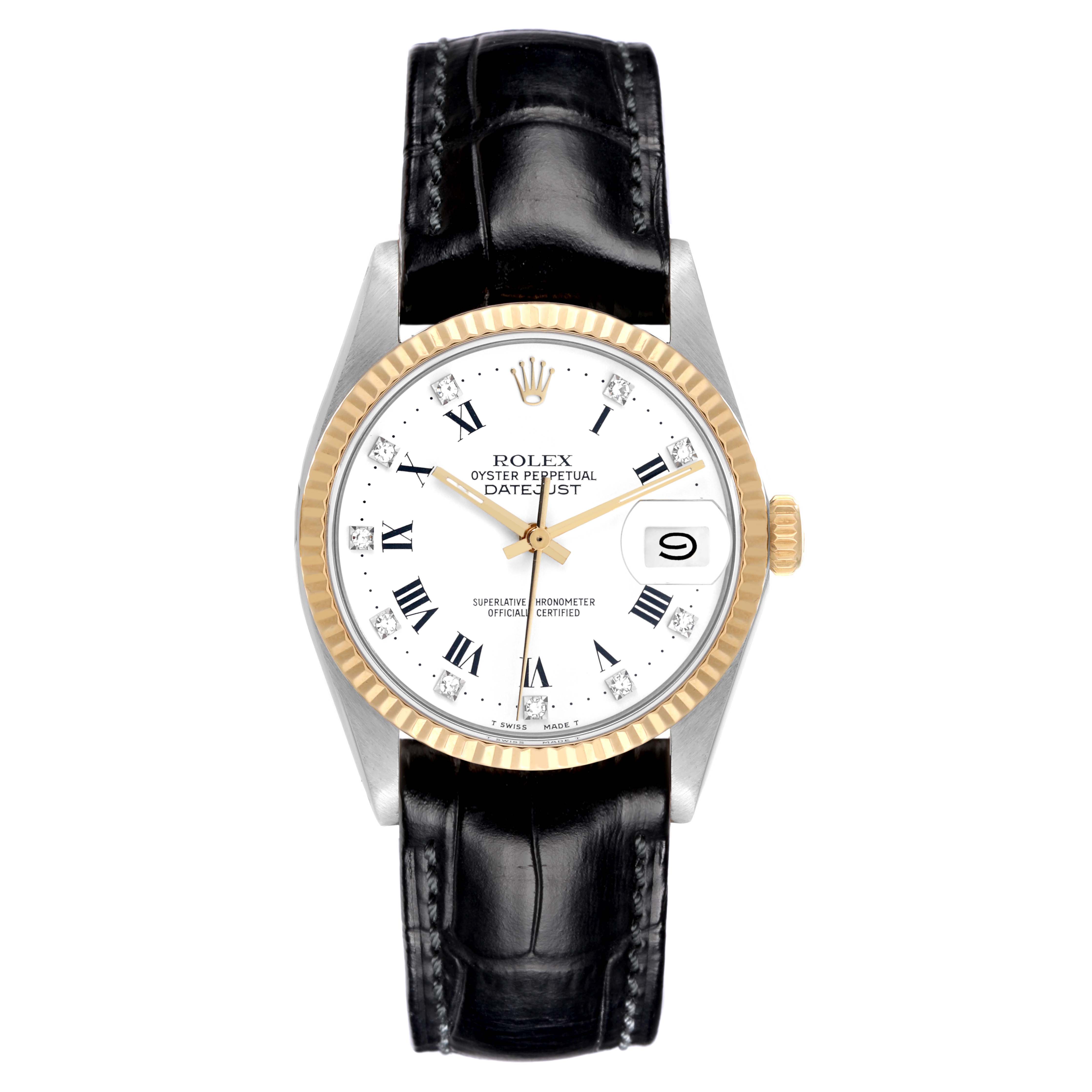 The image shows a Rolex Datejust 16013 Men's Steel and Gold (two tone) White Dial 16013 Men's Steel and Gold (two tone) White Dial watch front view, highlighting the dial, bezel, and black leather strap.