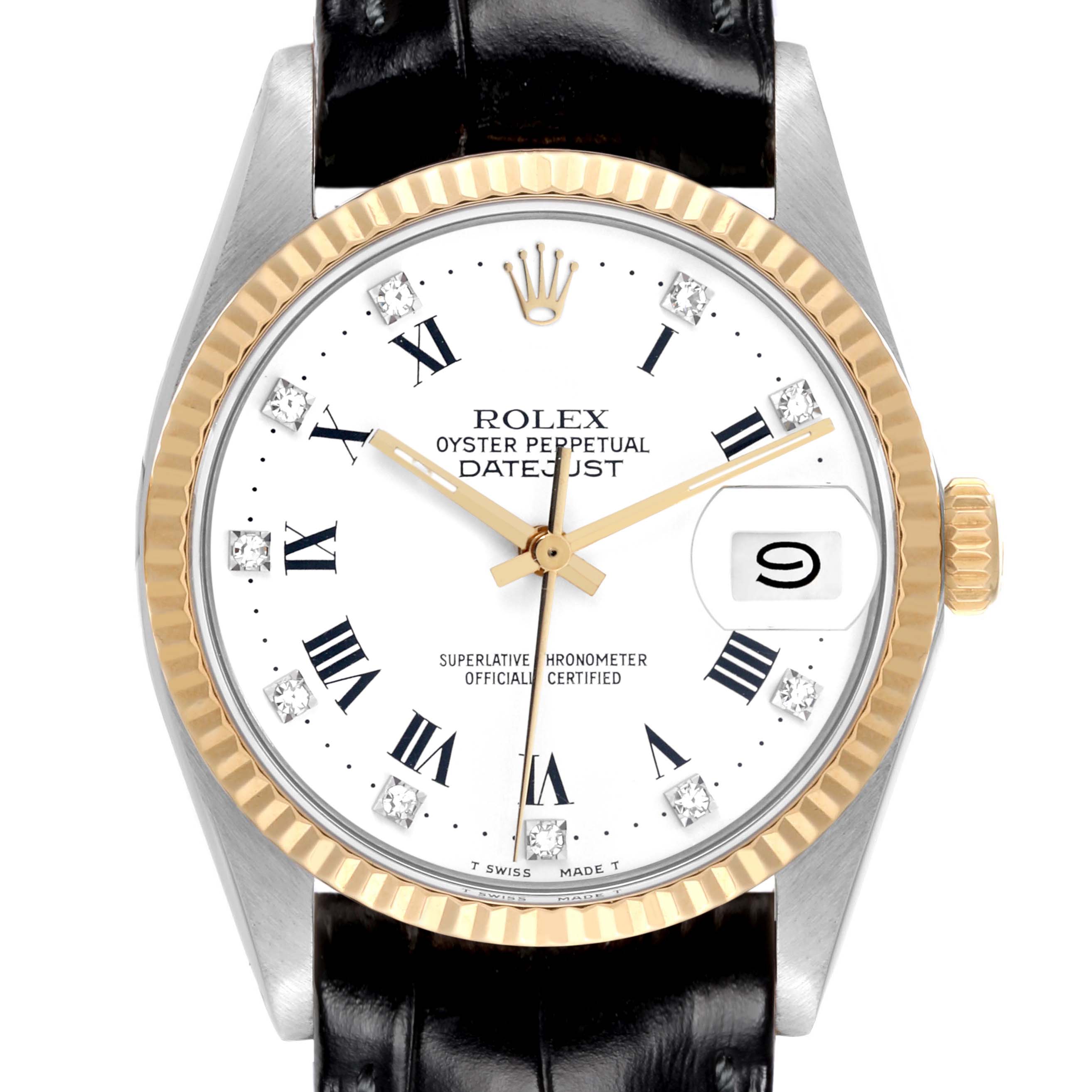 The Rolex Datejust 16013 Men's Steel and Gold (two tone) White Dial 16013 Men's Steel and Gold (two tone) White Dial watch is shown from a front angle, displaying its dial, bezel, crown, and leather strap.