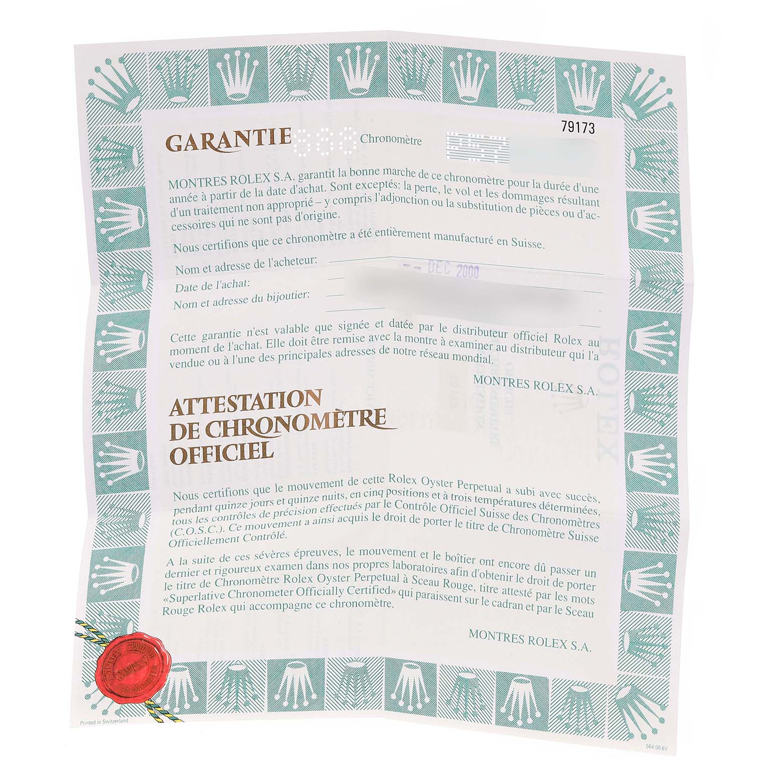 The image shows a warranty and chronometer certificate for a Rolex Datejust 79173 Women
s Steel and Gold (two tone) White Dial 79173 Women
s Steel and Gold (two tone) White Dial watch, highlighting brand Best Quality
ity.