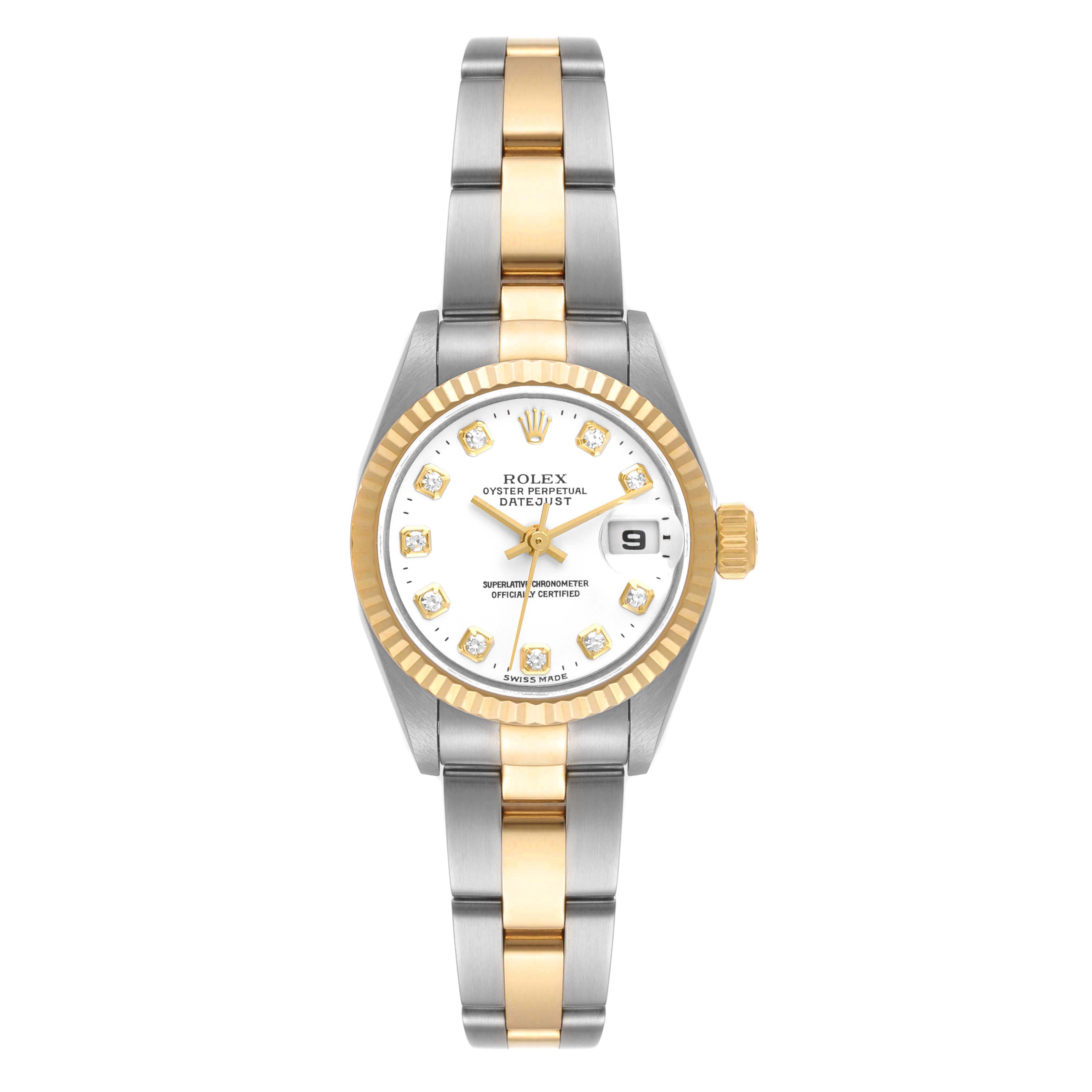 This Rolex Datejust 79173 Women
s Steel and Gold (two tone) White Dial 79173 Women
s Steel and Gold (two tone) White Dial watch is shown from a front angle, highlighting its two-tone bracelet, fluted bezel, and white dial with diamond markers.
