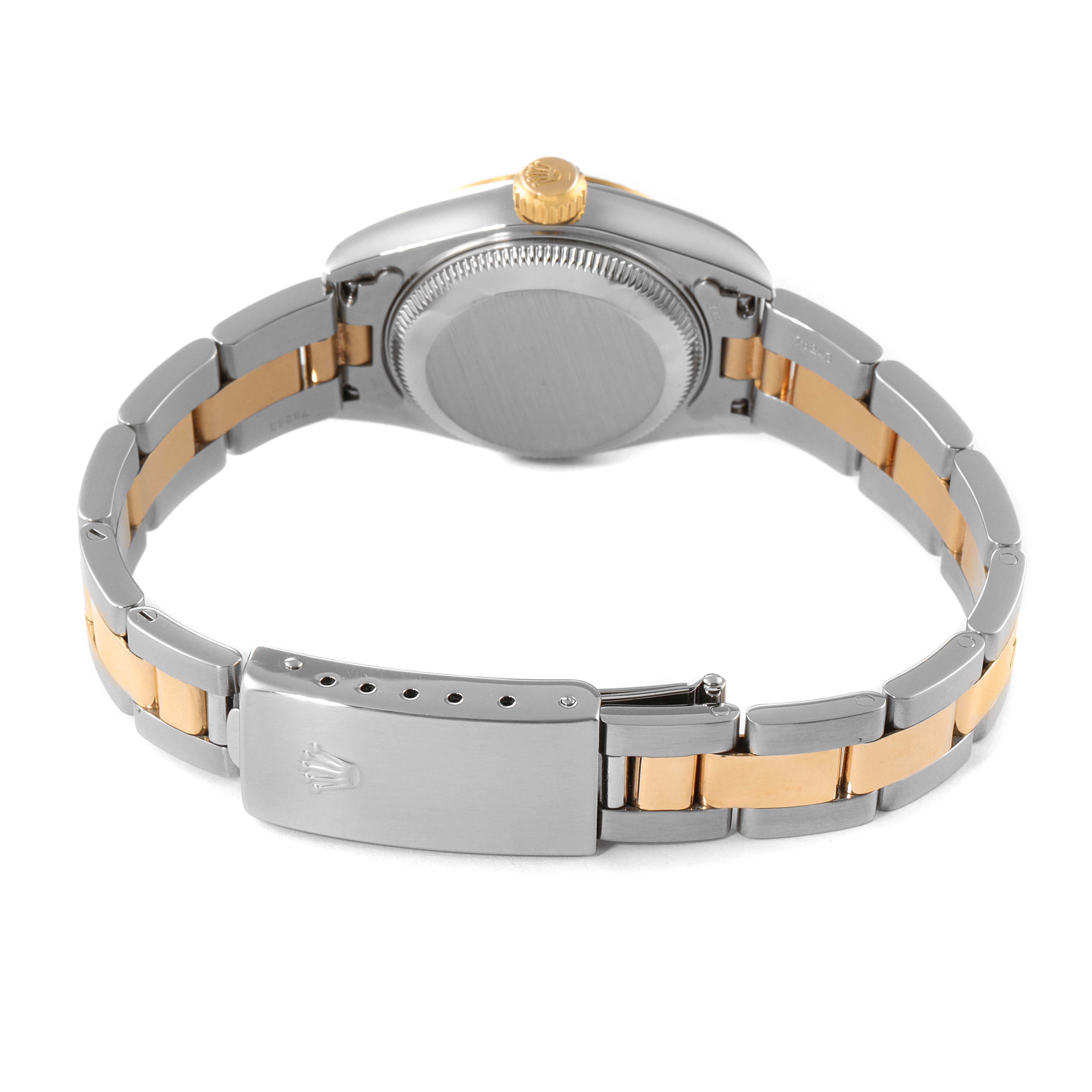 The image shows the back view of a Rolex Datejust 79173 Women
s Steel and Gold (two tone) White Dial 79173 Women
s Steel and Gold (two tone) White Dial watch, featuring its case back, crown, and two-tone bracelet.