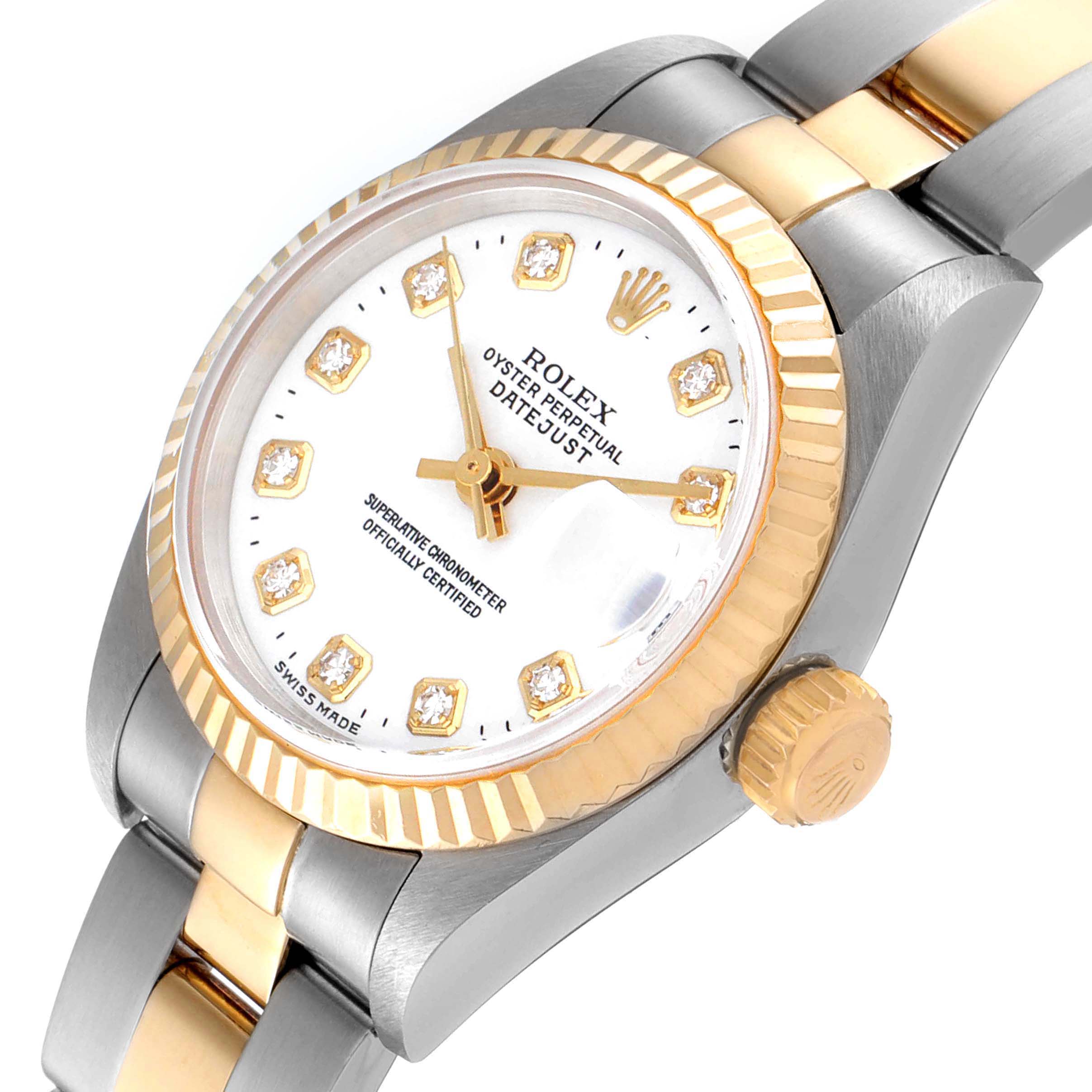 This image shows a side-angle view of the Rolex Datejust 79173 Women
s Steel and Gold (two tone) White Dial 79173 Women
s Steel and Gold (two tone) White Dial watch, highlighting the dial, bezel, bracelet, and crown.