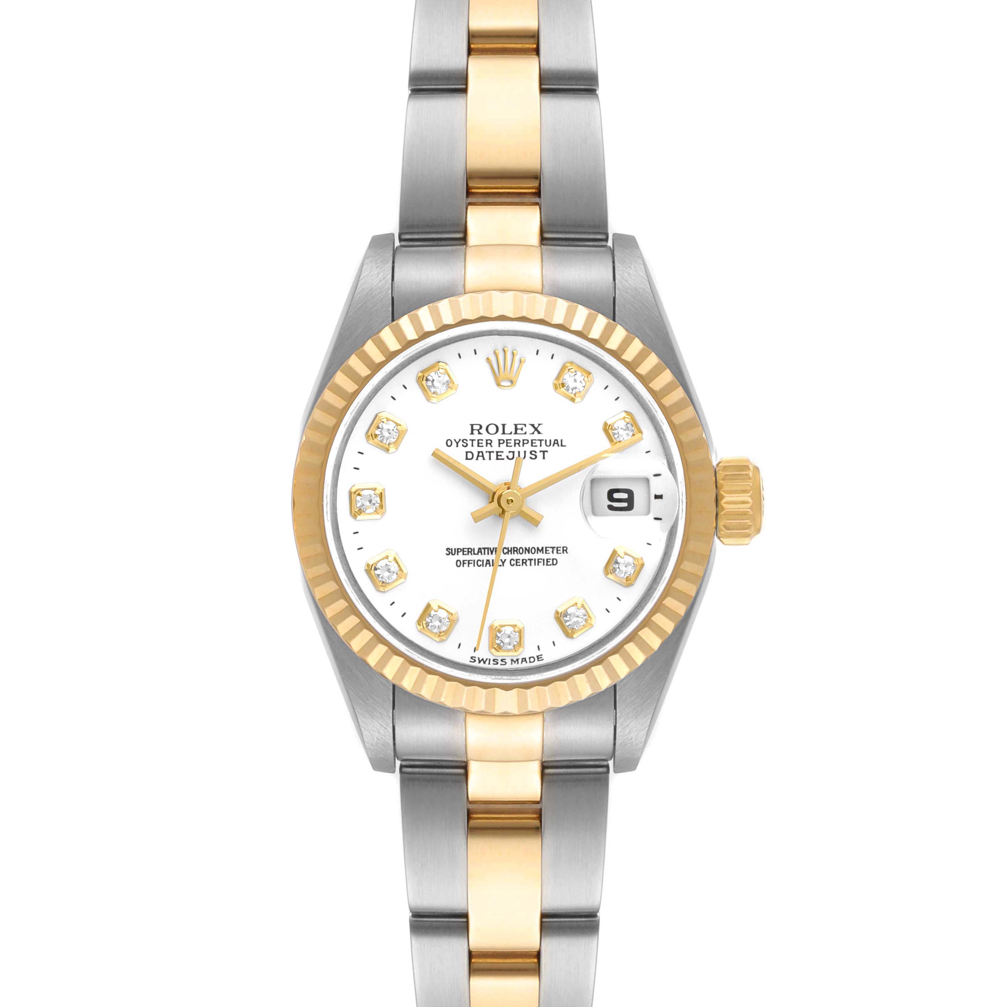 This image shows a Rolex Datejust 79173 Women
s Steel and Gold (two tone) White Dial 79173 Women
s Steel and Gold (two tone) White Dial watch from a top-down angle, highlighting its face, bezel, and bracelet.