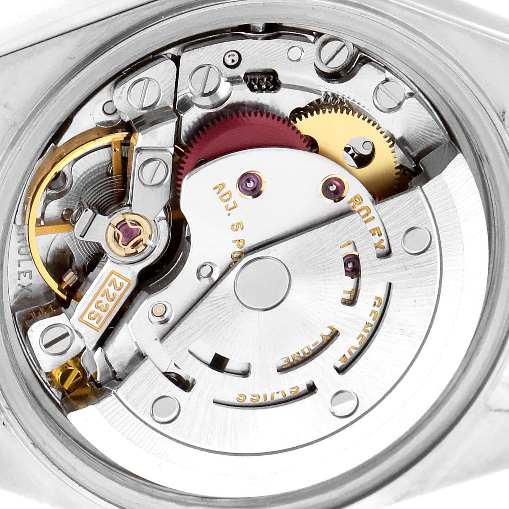 This image shows the movement mechanism of a Rolex Datejust 79173 Women
s Steel and Gold (two tone) White Dial 79173 Women
s Steel and Gold (two tone) White Dial watch from a close-up, top-down angle.