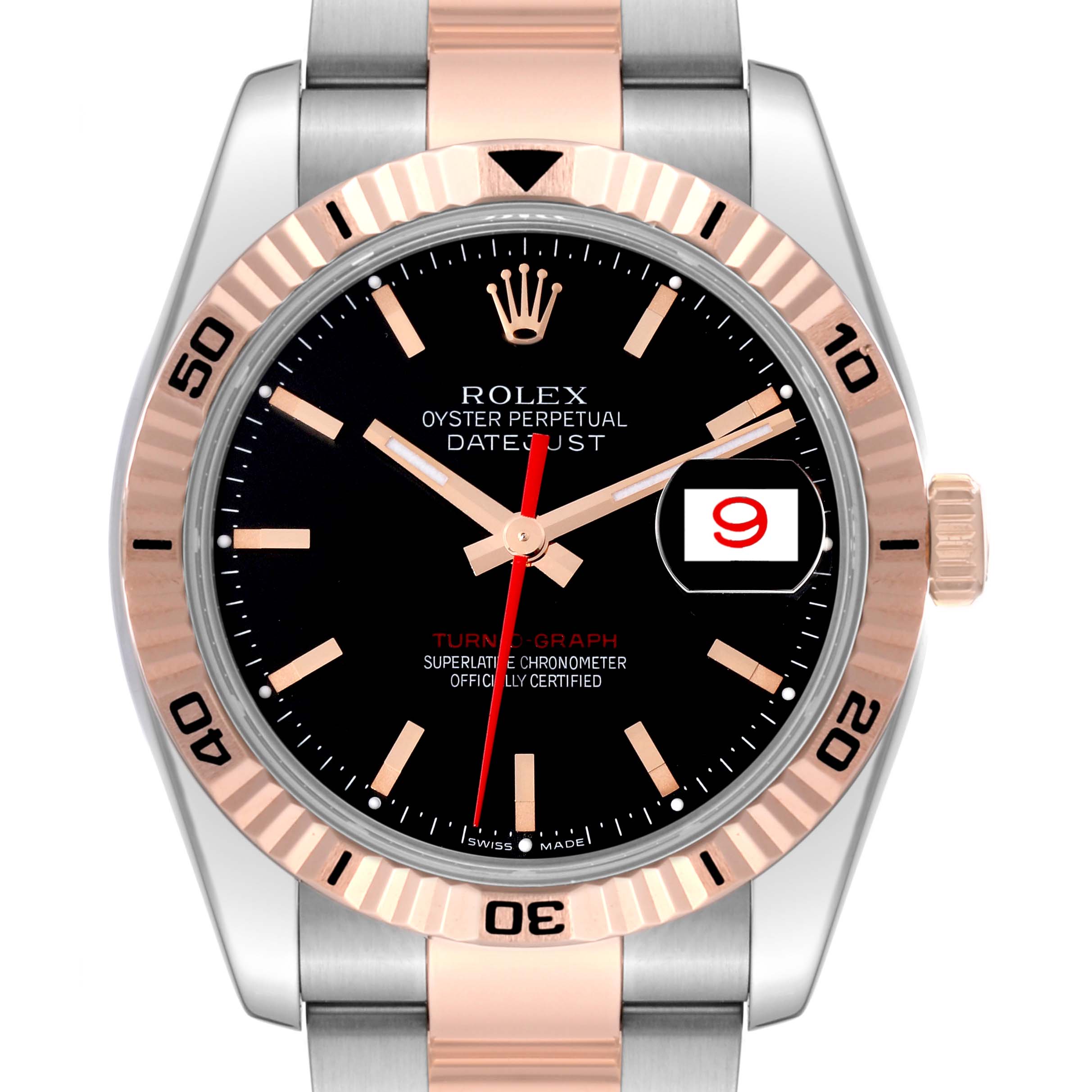 This Rolex Turn-o-Graph 116261 Men's Steel and Gold (two tone) Black Dial 116261 Men's Steel and Gold (two tone) Black Dial watch is shown from a front angle, displaying its face, bezel, crown, and partial bracelet.