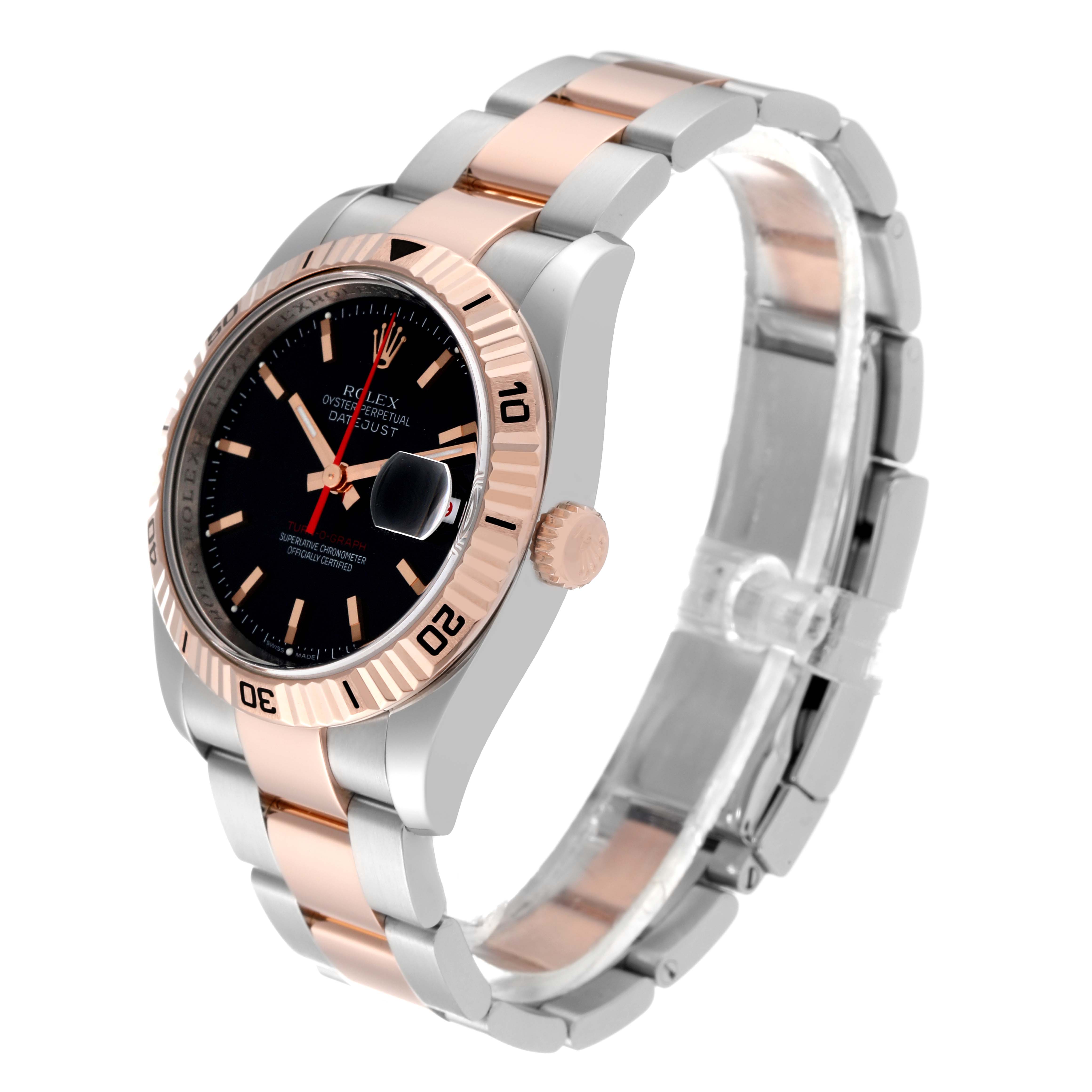 The image shows a Rolex Turn-o-Graph 116261 Men's Steel and Gold (two tone) Black Dial 116261 Men's Steel and Gold (two tone) Black Dial watch at a three-quarter angle highlighting its dial, bezel, crown, and bracelet.