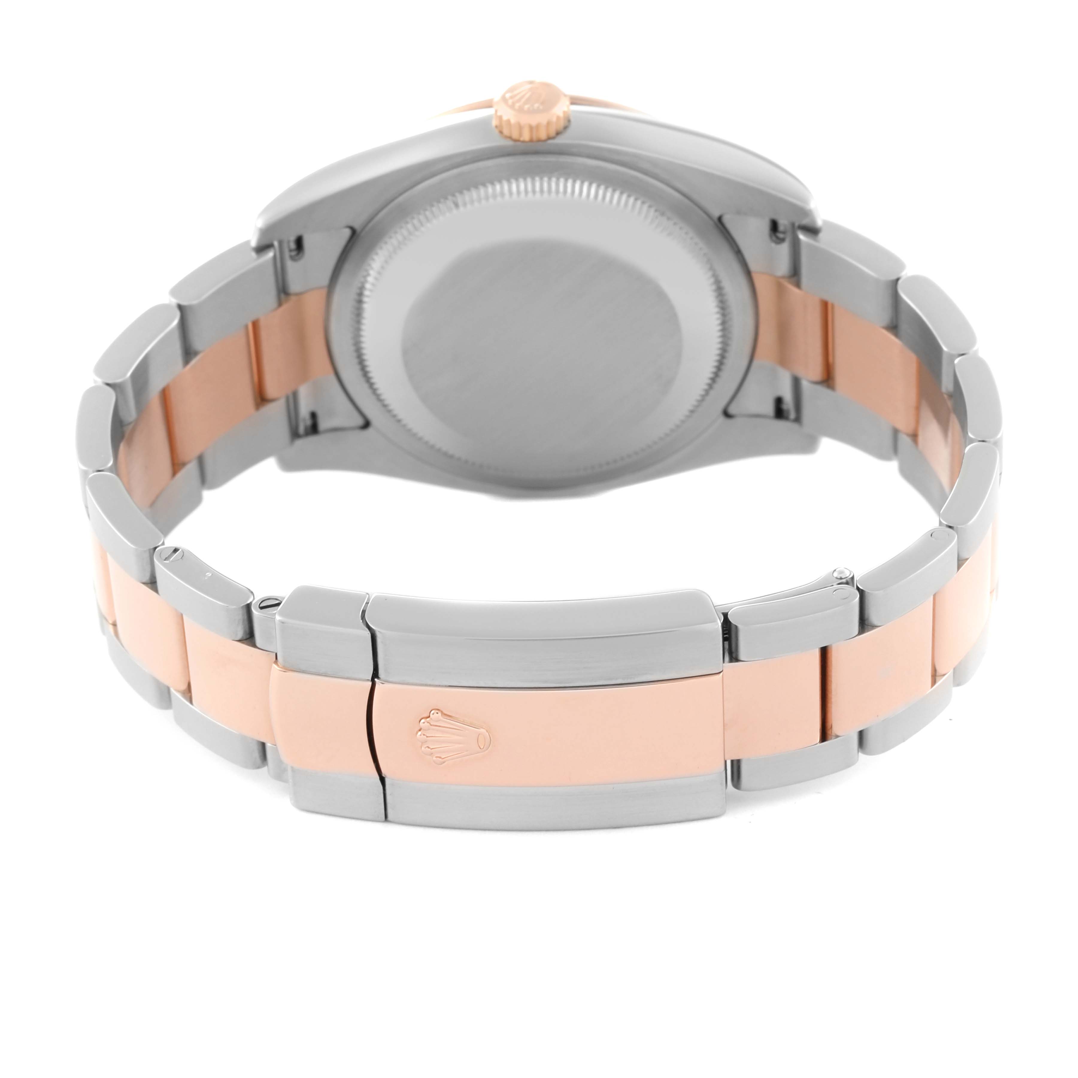 The image shows the back and clasp of a Rolex Turn-o-Graph 116261 Men's Steel and Gold (two tone) Black Dial 116261 Men's Steel and Gold (two tone) Black Dial watch, highlighting its two-tone bracelet and closed case back.