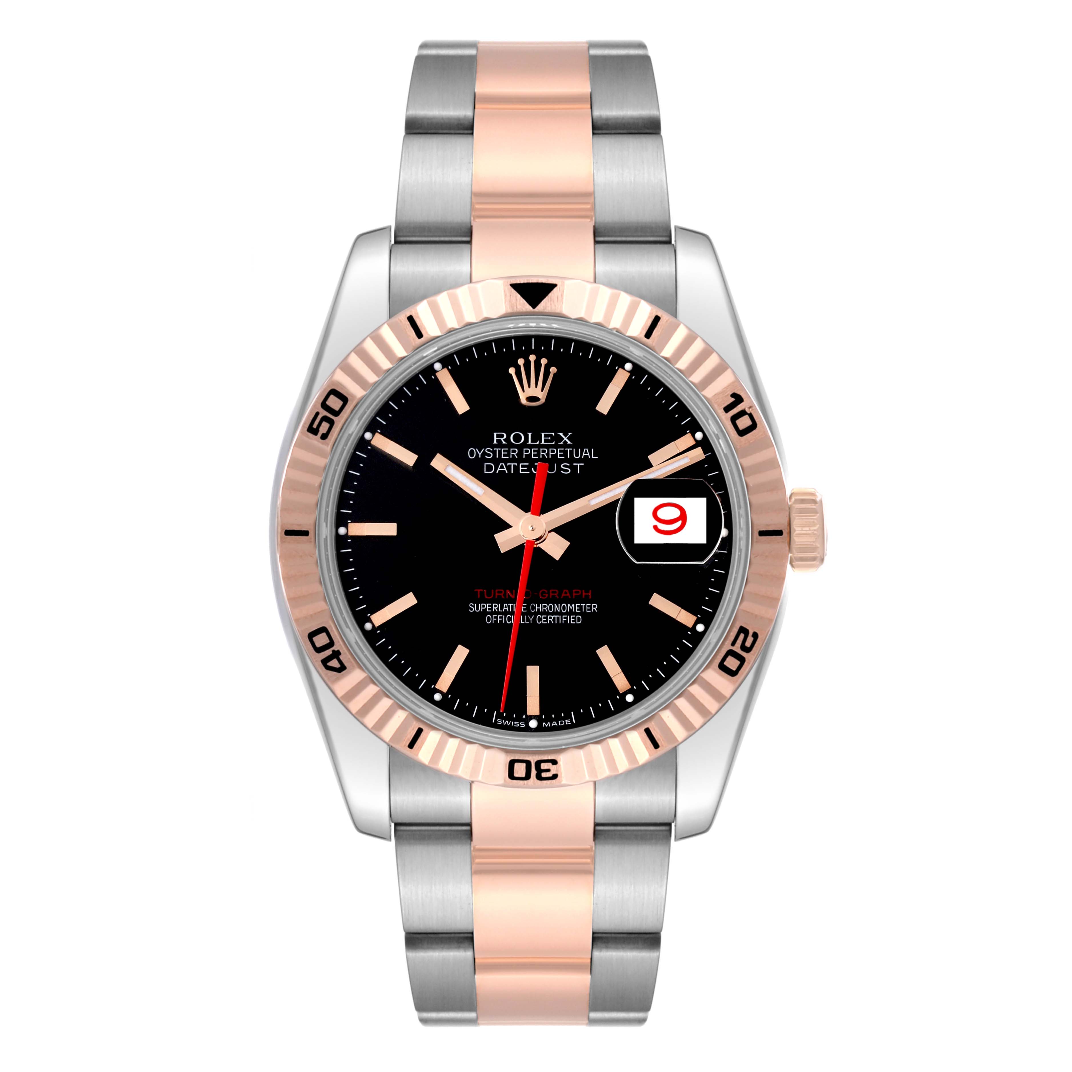The image shows a front view of the Rolex Turn-o-Graph 116261 Men's Steel and Gold (two tone) Black Dial 116261 Men's Steel and Gold (two tone) Black Dial Datejust watch with a dual-tone bracelet and a black dial.