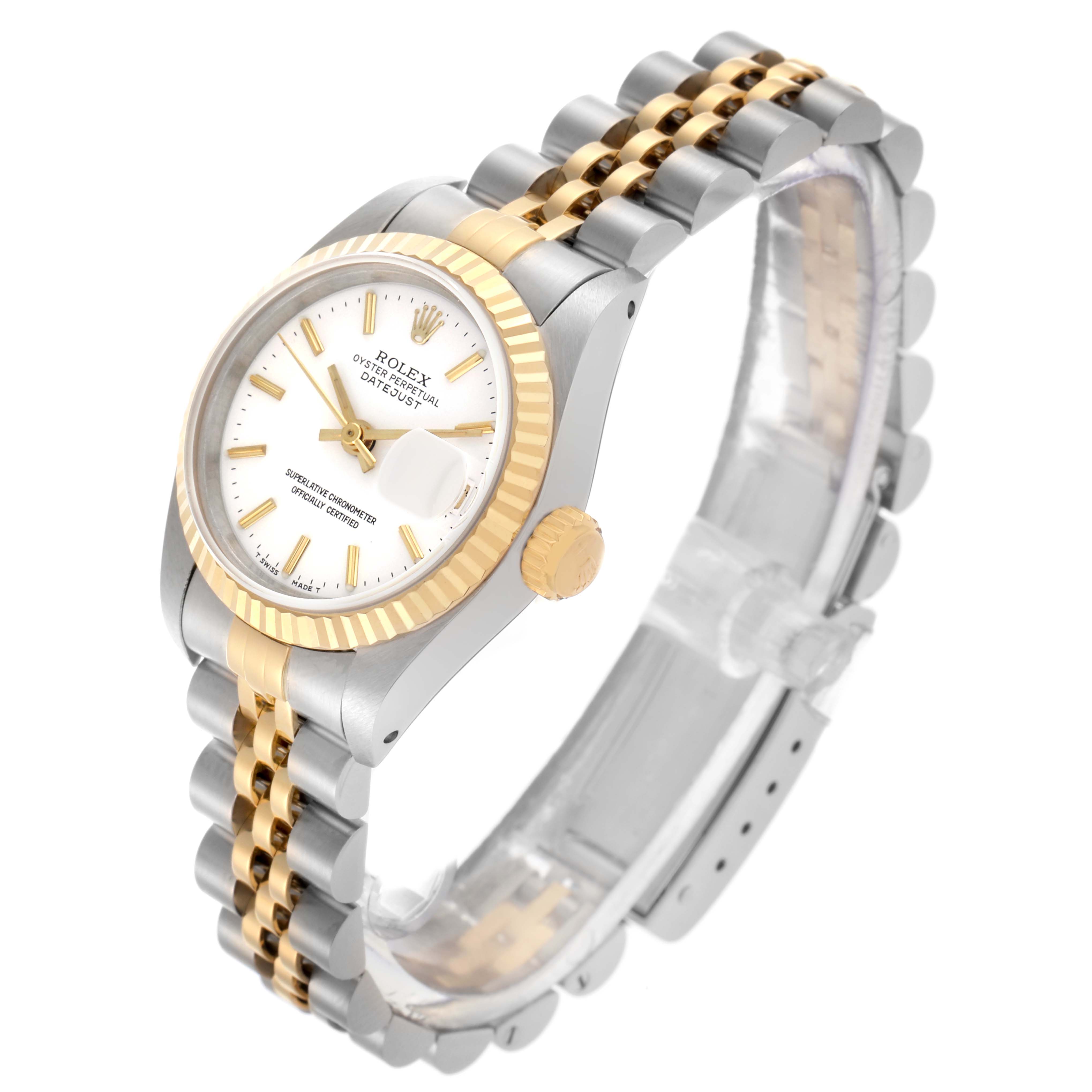 The Rolex Datejust 69173 Women's Steel and Gold (two tone) White Dial 69173 Women's Steel and Gold (two tone) White Dial watch is shown at a three-quarter angle, displaying the case, bezel, dial, crown, and bracelet.