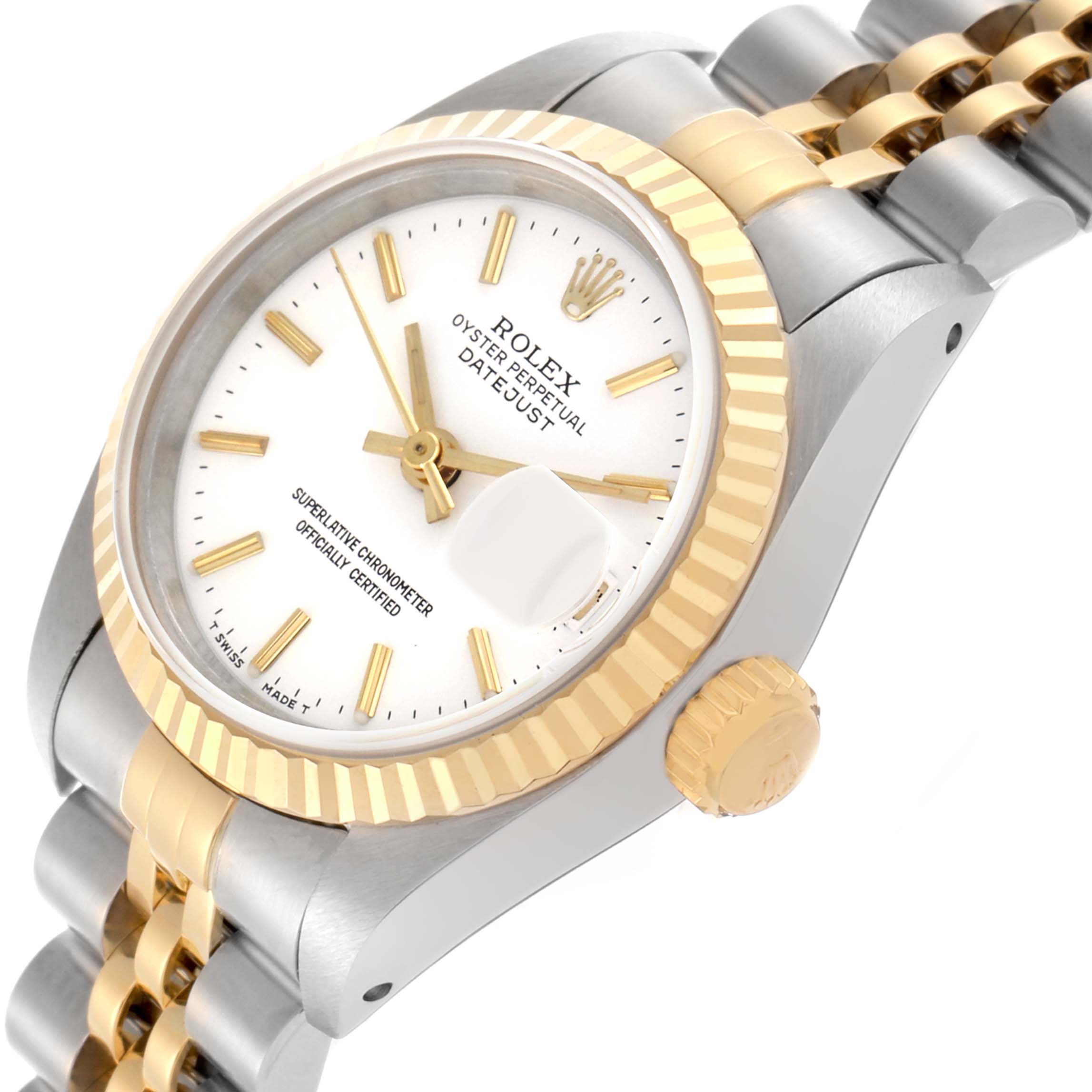 The Rolex Datejust 69173 Women's Steel and Gold (two tone) White Dial 69173 Women's Steel and Gold (two tone) White Dial watch is shown at a slight angle, displaying the dial, bezel, crown, and part of the bracelet.