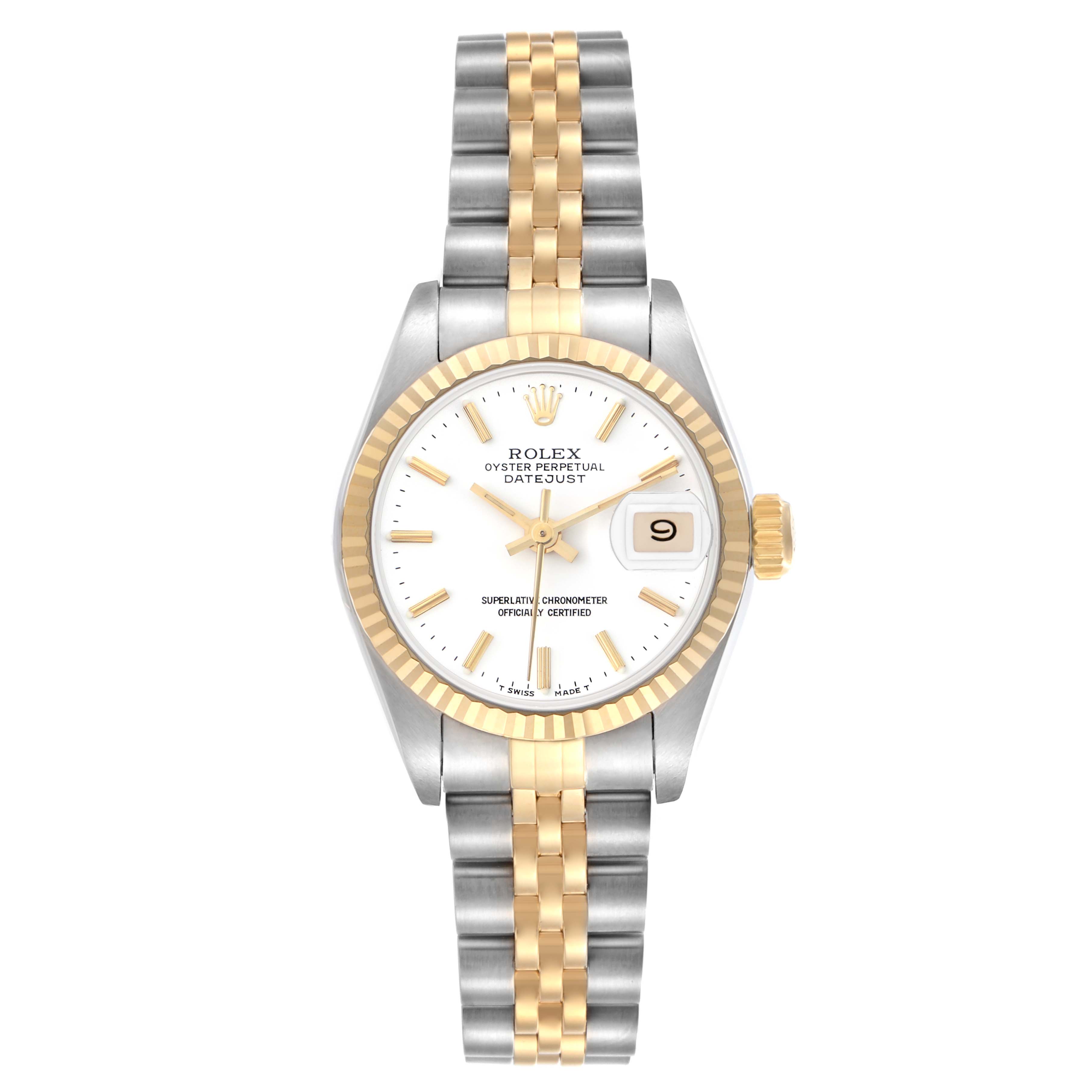 The Rolex Datejust 69173 Women's Steel and Gold (two tone) White Dial 69173 Women's Steel and Gold (two tone) White Dial watch is shown from a top-down angle, highlighting the dial, bezel, bracelet, and crown.
