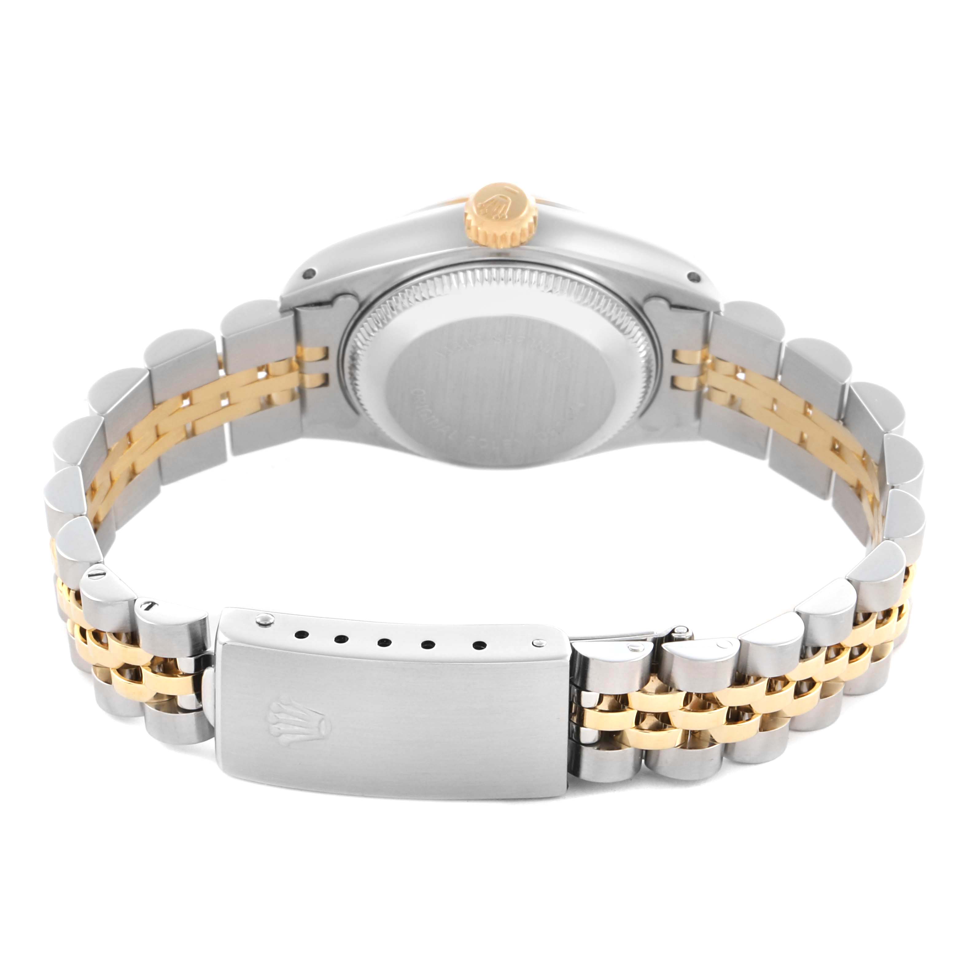 The image shows the back of a Rolex Datejust 69173 Women's Steel and Gold (two tone) White Dial 69173 Women's Steel and Gold (two tone) White Dial watch, highlighting the clasp, bracelet, and case back.