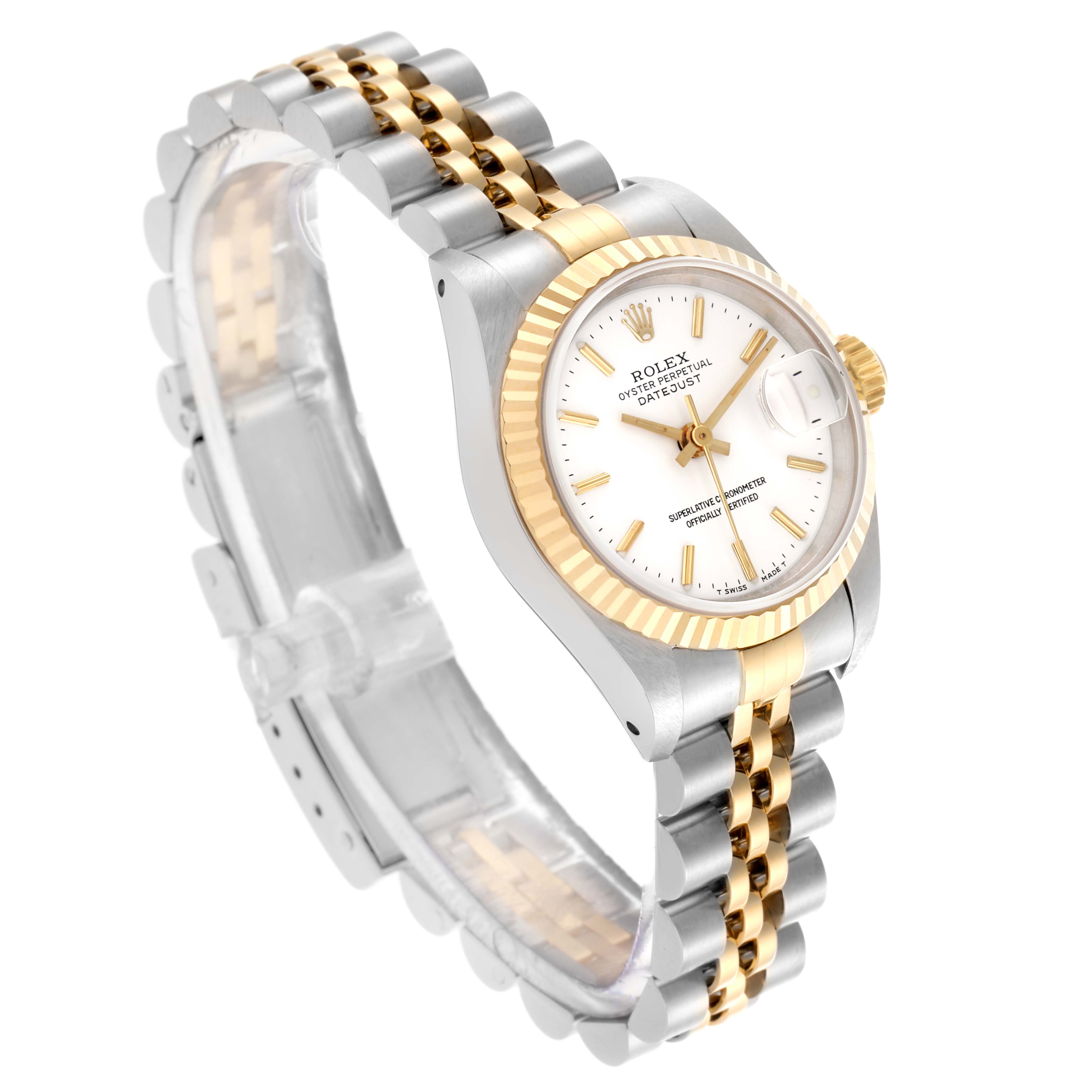 The Rolex Datejust 69173 Women's Steel and Gold (two tone) White Dial 69173 Women's Steel and Gold (two tone) White Dial watch is shown at an angled side view, highlighting its two-tone bracelet, fluted bezel, and dial with date window.