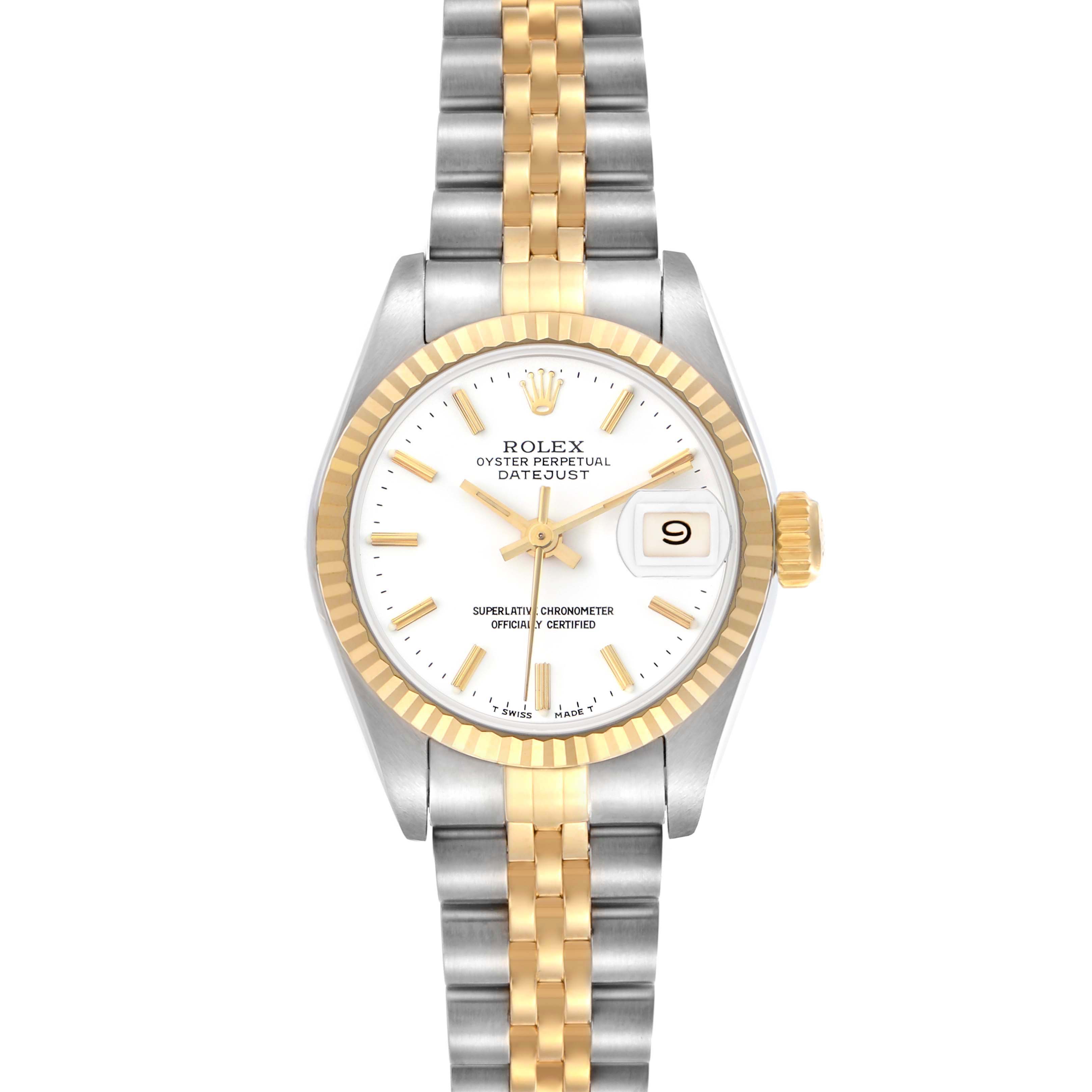 The Rolex Datejust 69173 Women's Steel and Gold (two tone) White Dial 69173 Women's Steel and Gold (two tone) White Dial watch is shown from a front angle, displaying the face, bezel, and two-tone bracelet.