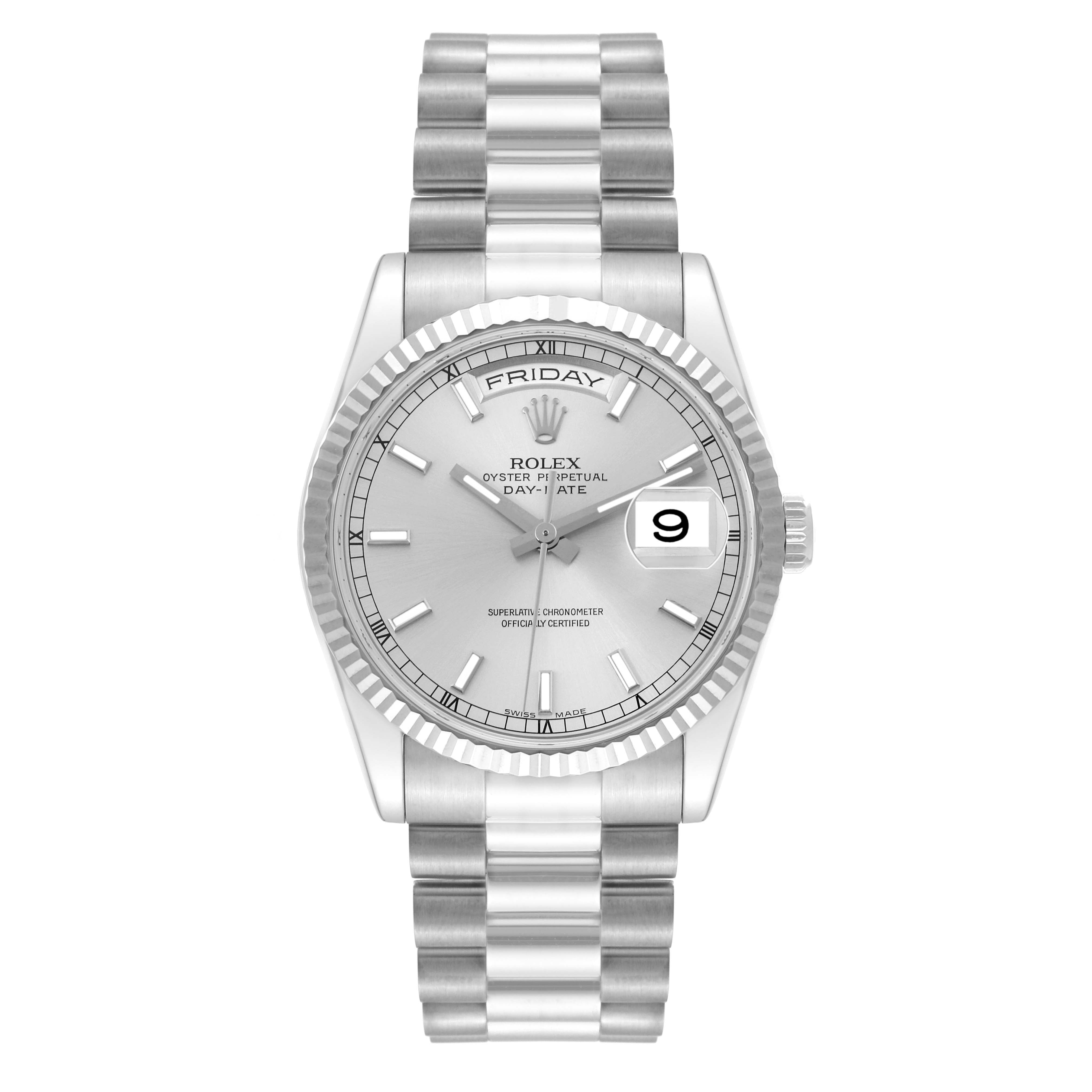 The image shows a full, frontal view of the Rolex President 118239 Men's White Gold Silver Dial 118239 Men's White Gold Silver Dial model watch, highlighting the dial, bracelet, and bezel.