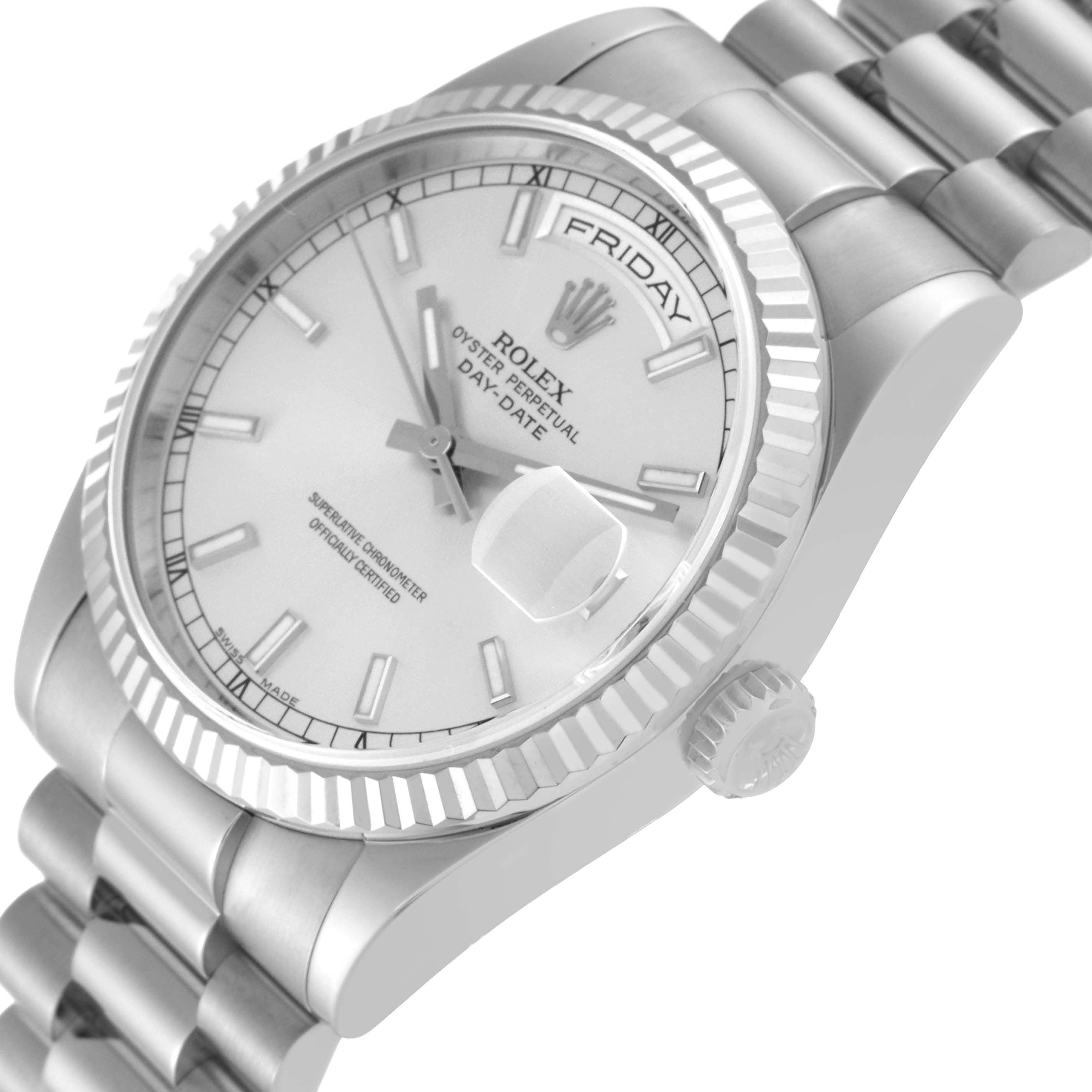 The image shows a close-up angled view of the Rolex President 118239 Men's White Gold Silver Dial 118239 Men's White Gold Silver Dial model watch, highlighting the dial, bezel, crown, and bracelet.