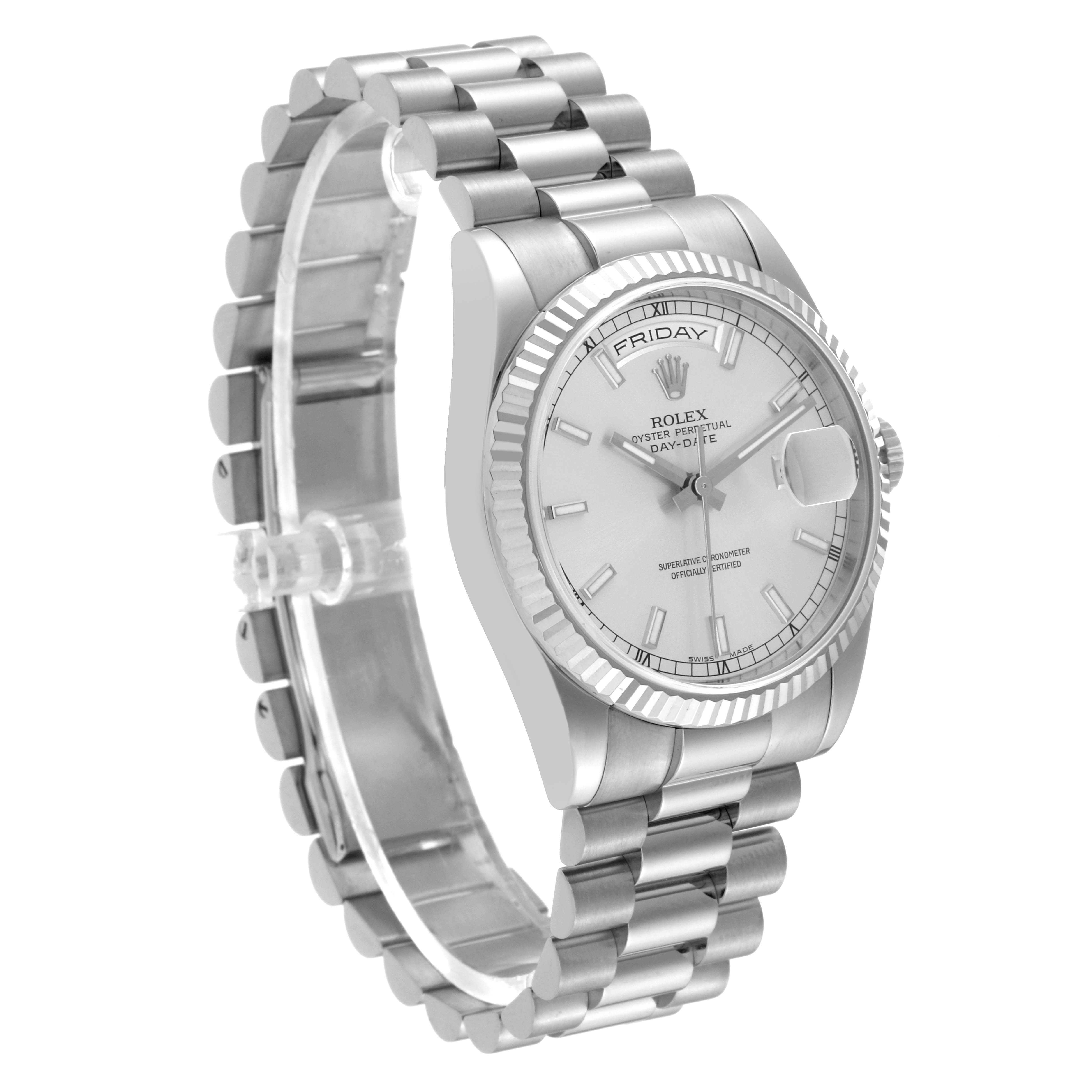 The image shows a Rolex President 118239 Men's White Gold Silver Dial 118239 Men's White Gold Silver Dial model watch from a three-quarter front angle, highlighting its face and bracelet.