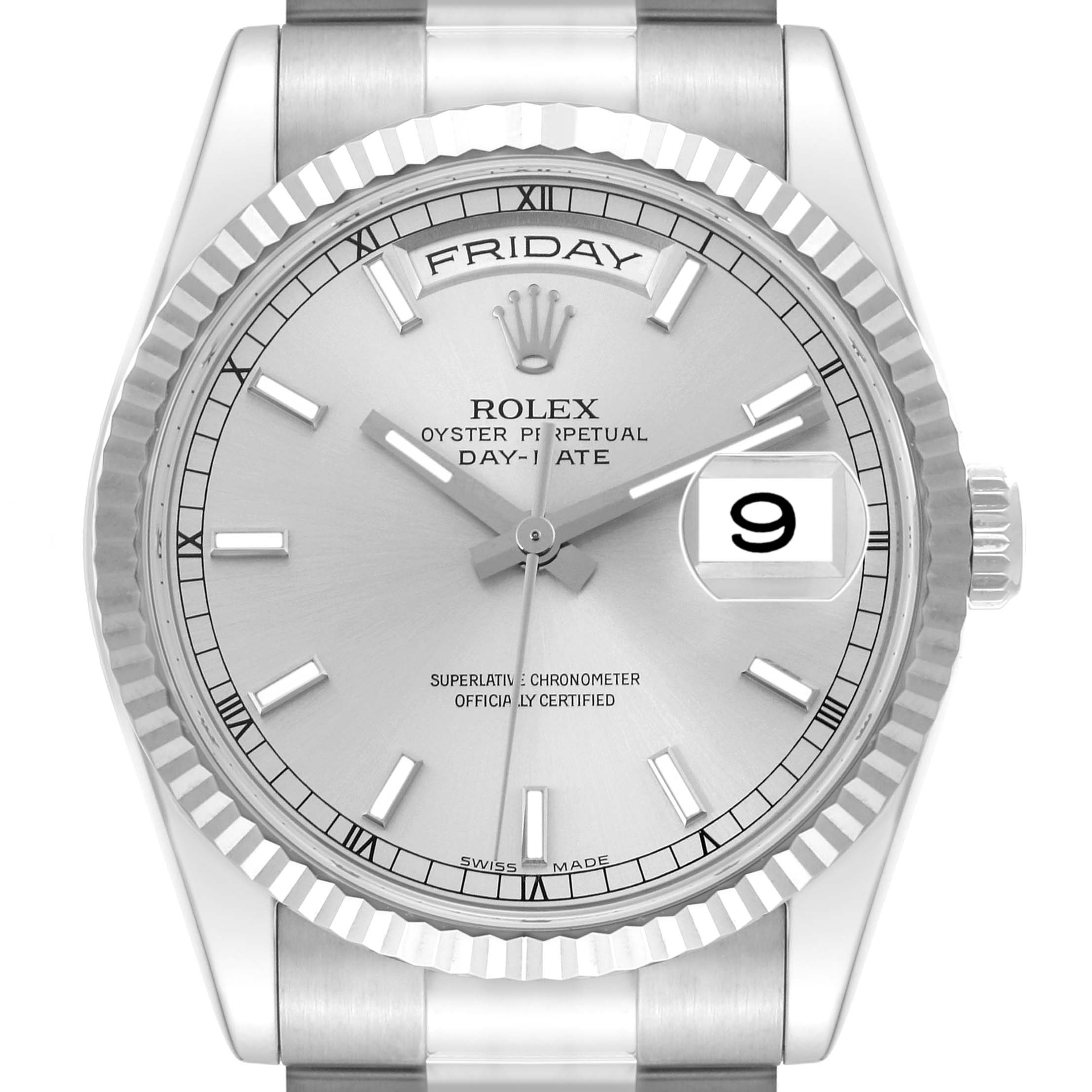 The image shows a front view of a Rolex President 118239 Men's White Gold Silver Dial 118239 Men's White Gold Silver Dial model watch, highlighting its dial, hands, crown, and part of the bracelet.
