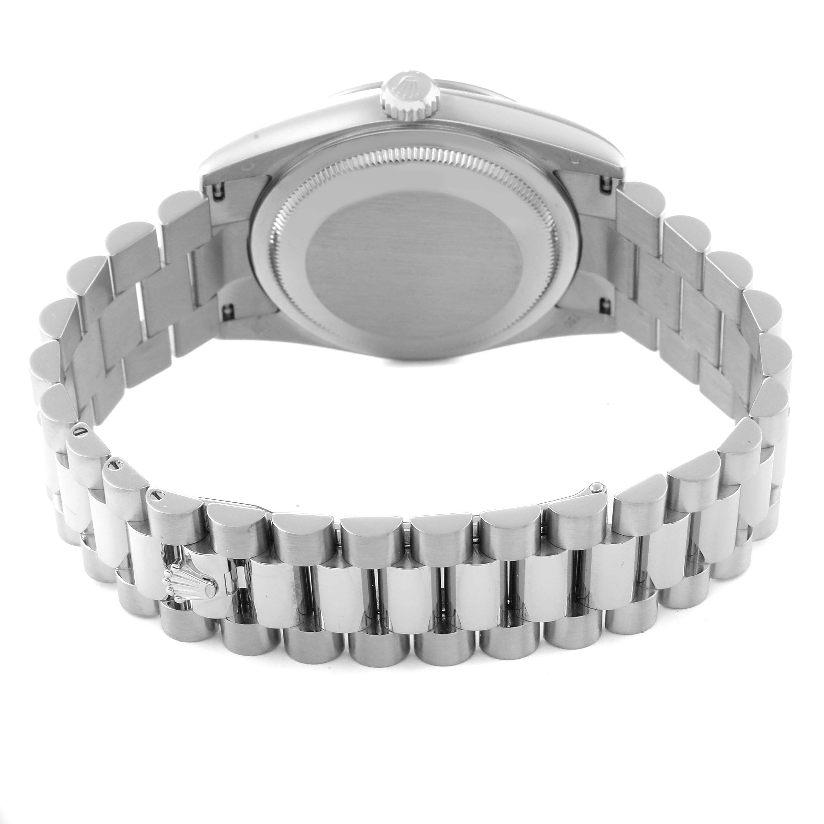 The image shows the back and bracelet of the Rolex President 118239 Men's White Gold Silver Dial 118239 Men's White Gold Silver Dial model watch from a rear angle.