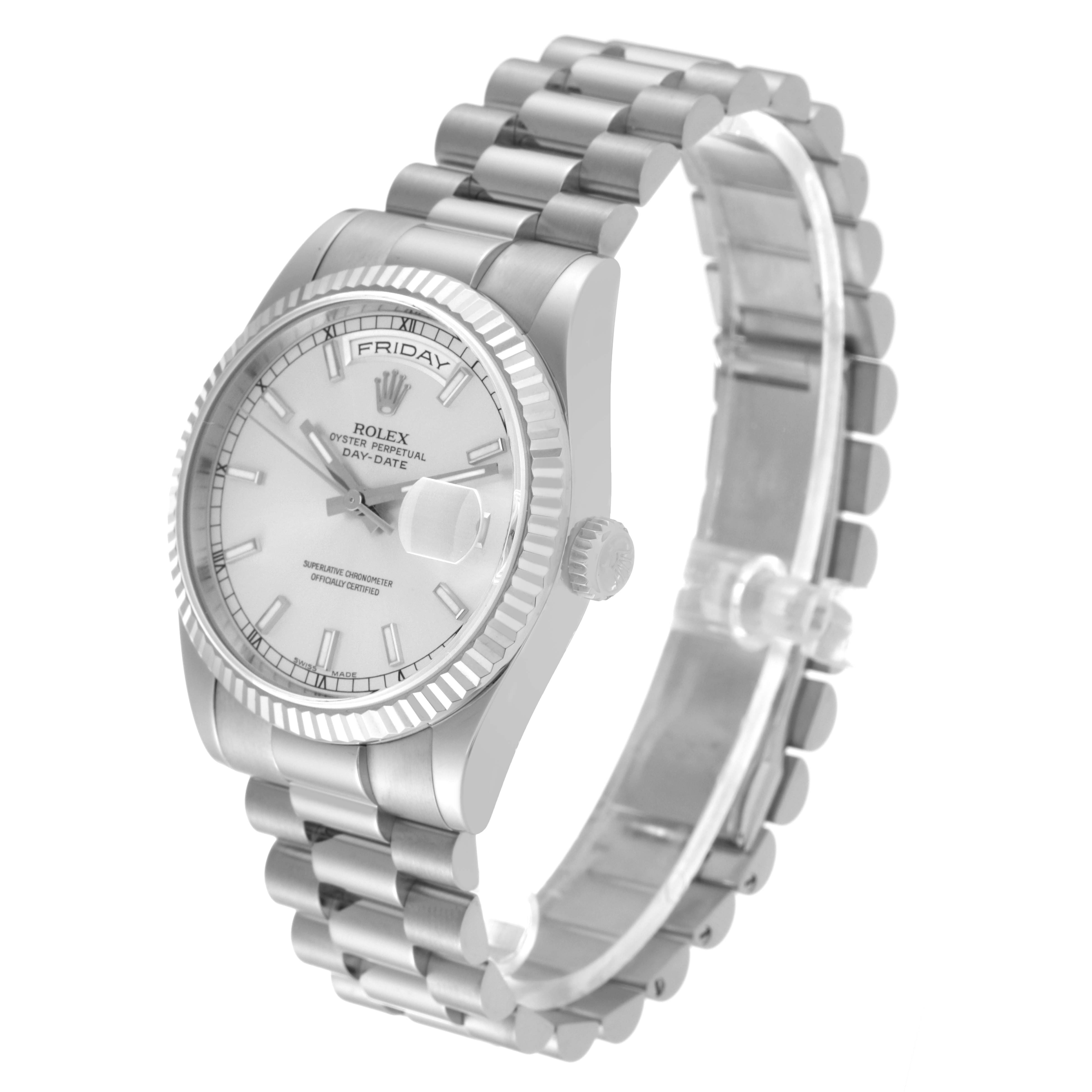 The image shows a Rolex President 118239 Men's White Gold Silver Dial 118239 Men's White Gold Silver Dial model watch angled to display the face, bezel, crown, and a partial view of the bracelet.