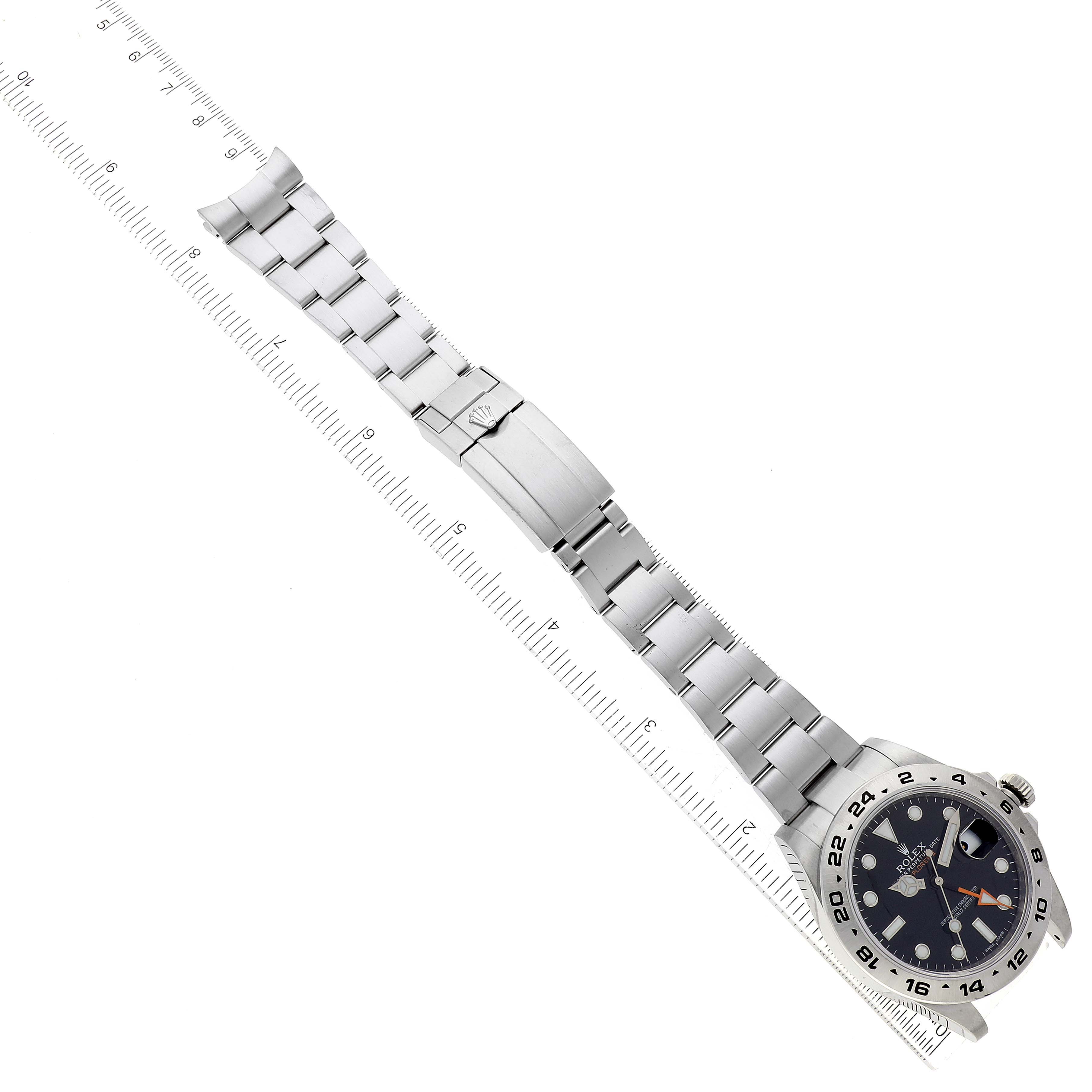 The image shows a top-down view of a Rolex Explorer 216570 Men's Stainless Steel Black Dial 216570 Men's Stainless Steel Black Dial watch, featuring the watch face and full metal bracelet.