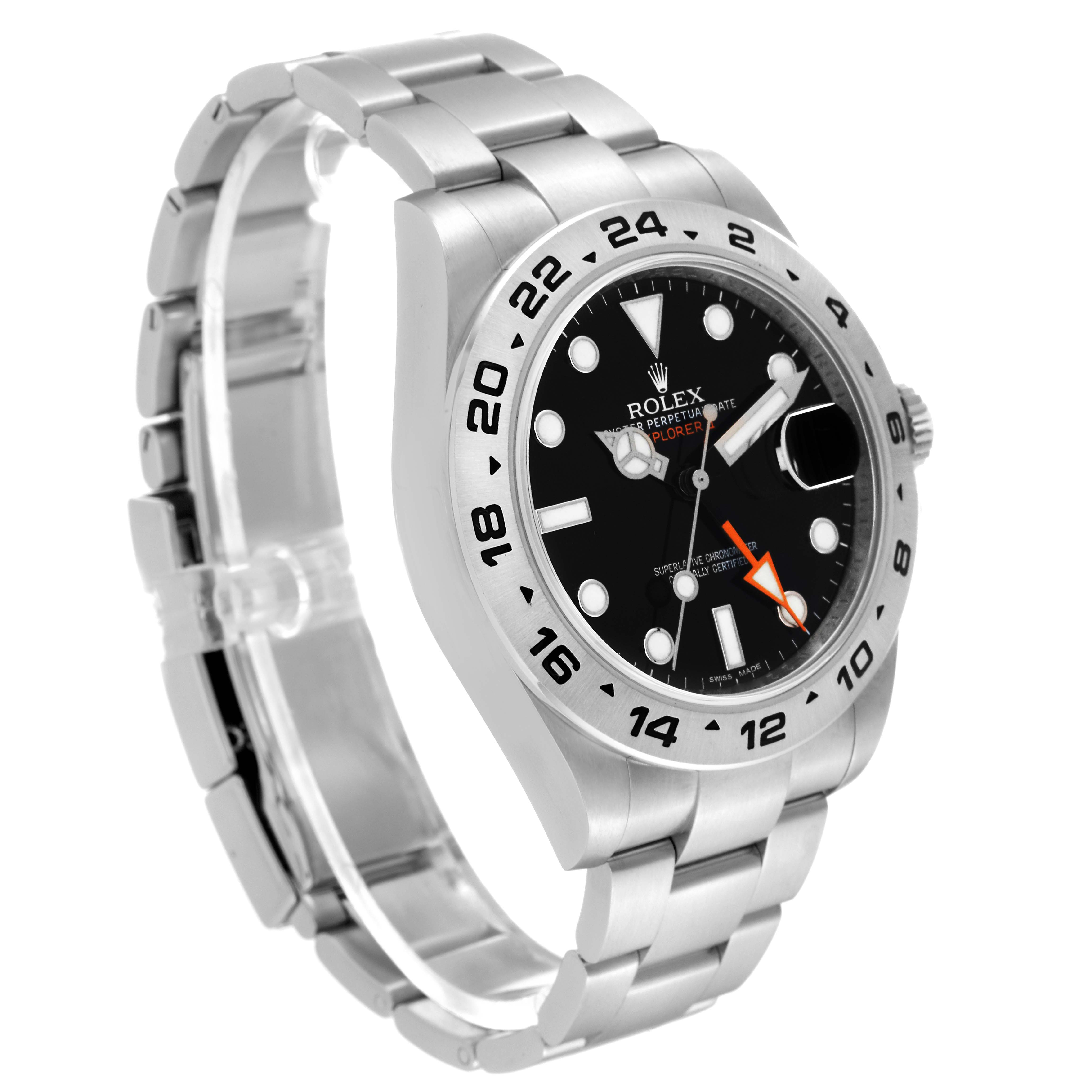This image shows a side view of the Rolex Explorer 216570 Men's Stainless Steel Black Dial 216570 Men's Stainless Steel Black Dial watch, highlighting its face, bezel, and metal bracelet.