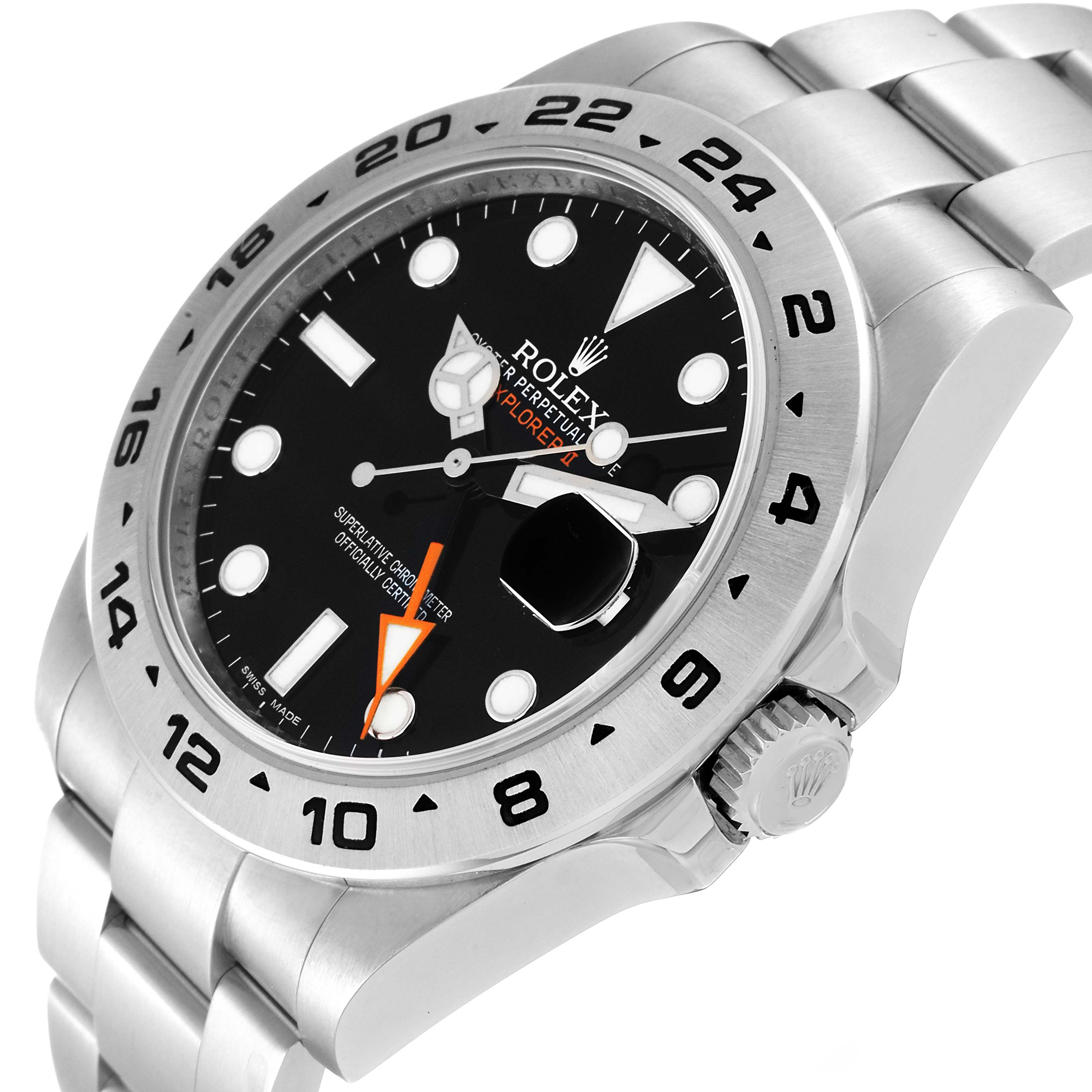 The Rolex Explorer 216570 Men's Stainless Steel Black Dial 216570 Men's Stainless Steel Black Dial watch is shown from an angled side view, displaying the face, bezel, crown, and part of the band.