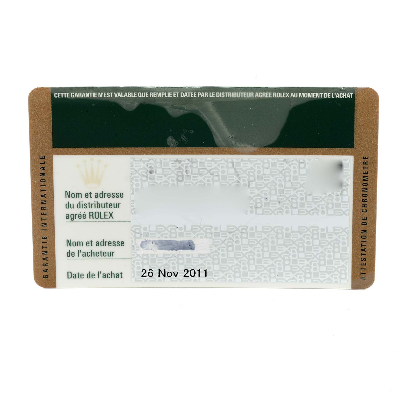 This image shows an international warranty card for the Rolex Explorer 216570 Men's Stainless Steel Black Dial 216570 Men's Stainless Steel Black Dial watch.