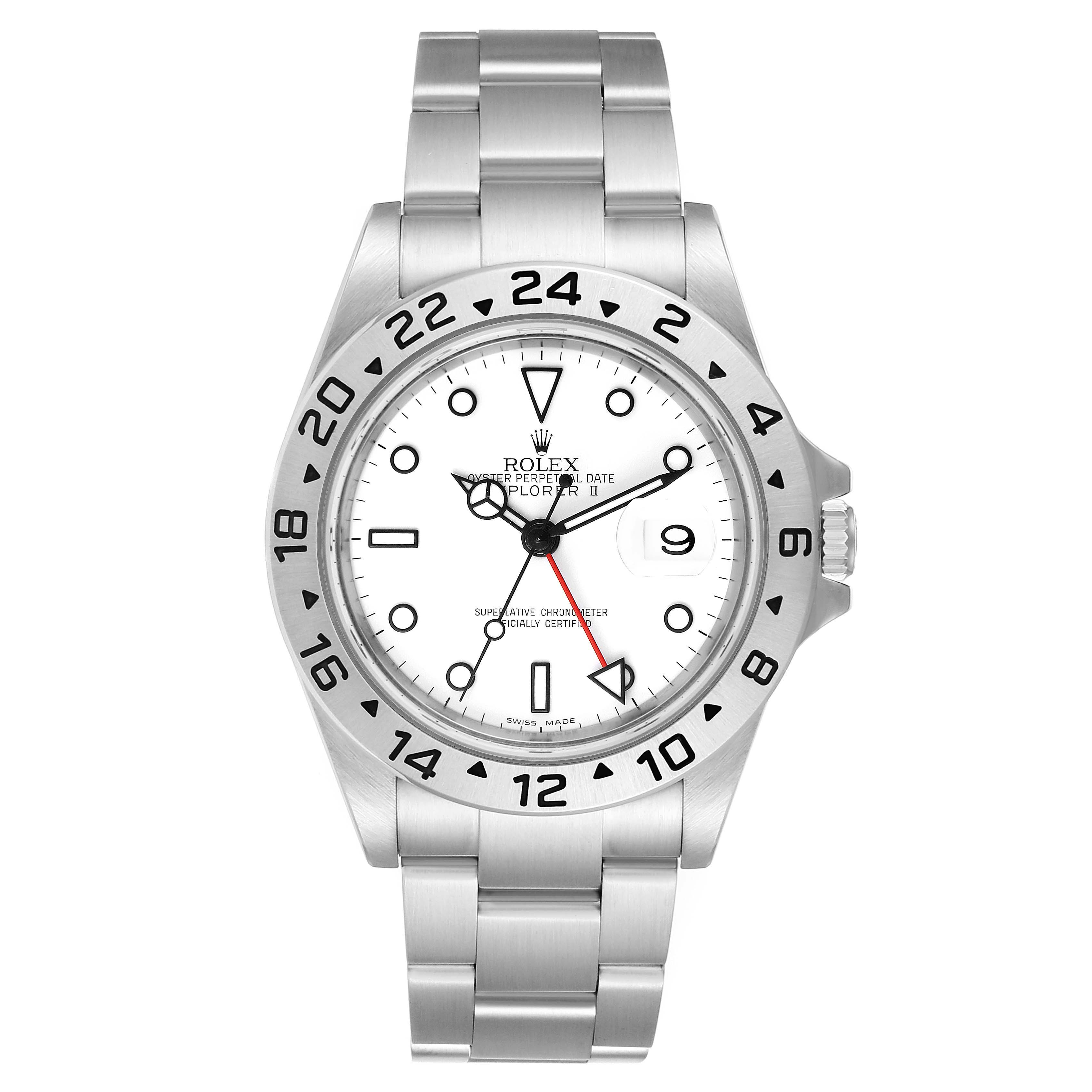 The image shows a front view of a Rolex Explorer 16570 Men's Stainless Steel White Dial 16570 Men's Stainless Steel White Dial watch, displaying its dial, bezel, hands, and bracelet.