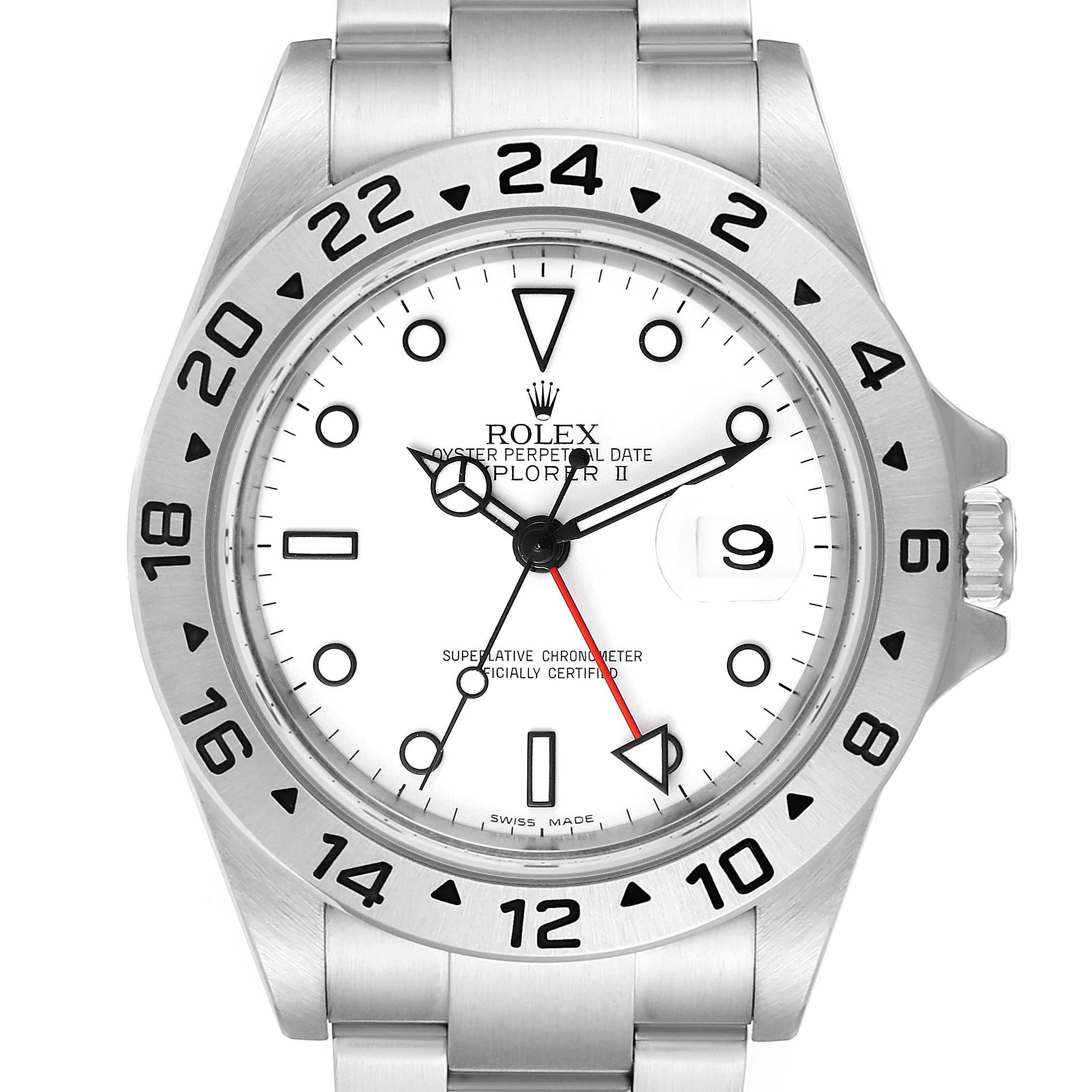 The image shows a Rolex Explorer 16570 Men's Stainless Steel White Dial 16570 Men's Stainless Steel White Dial watch, displaying the dial, bezel, and part of the bracelet from a straight-on angle.