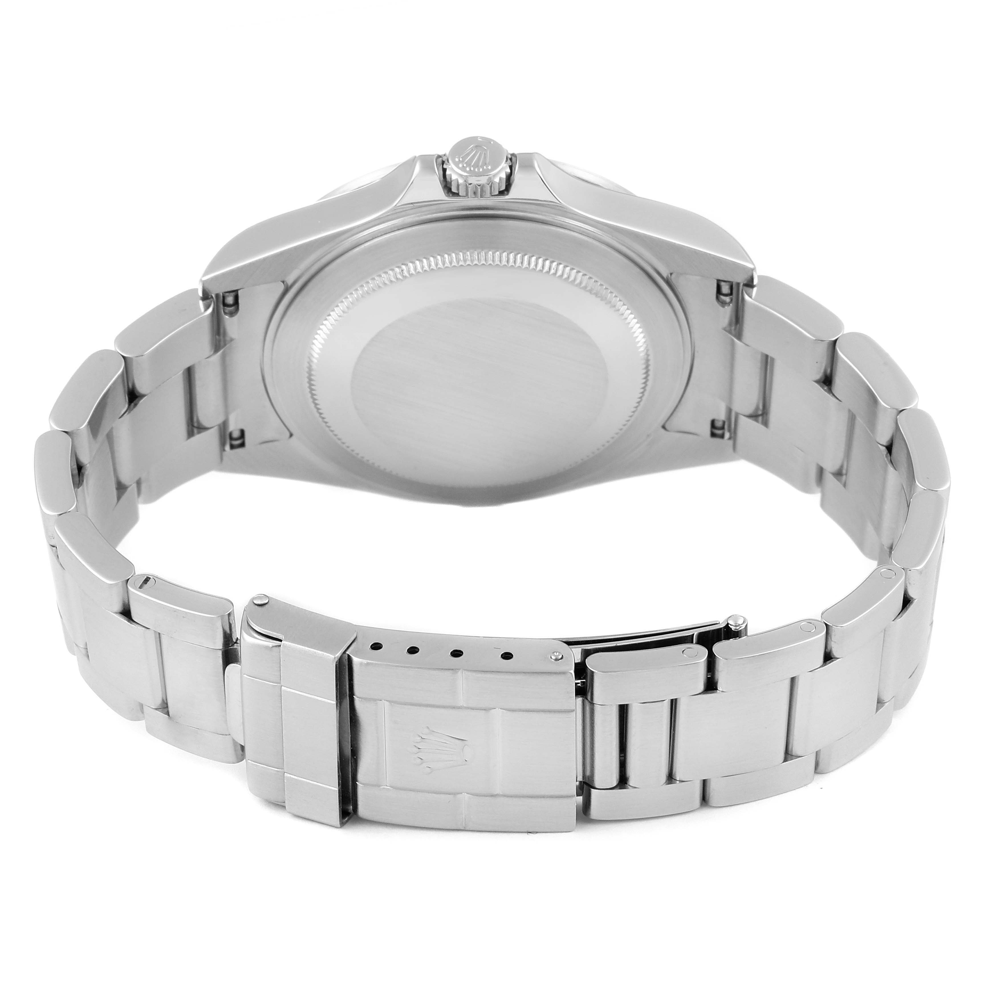 This image shows the back view of the Rolex Explorer 16570 Men's Stainless Steel White Dial 16570 Men's Stainless Steel White Dial watch, highlighting the metal case back and stainless steel bracelet.