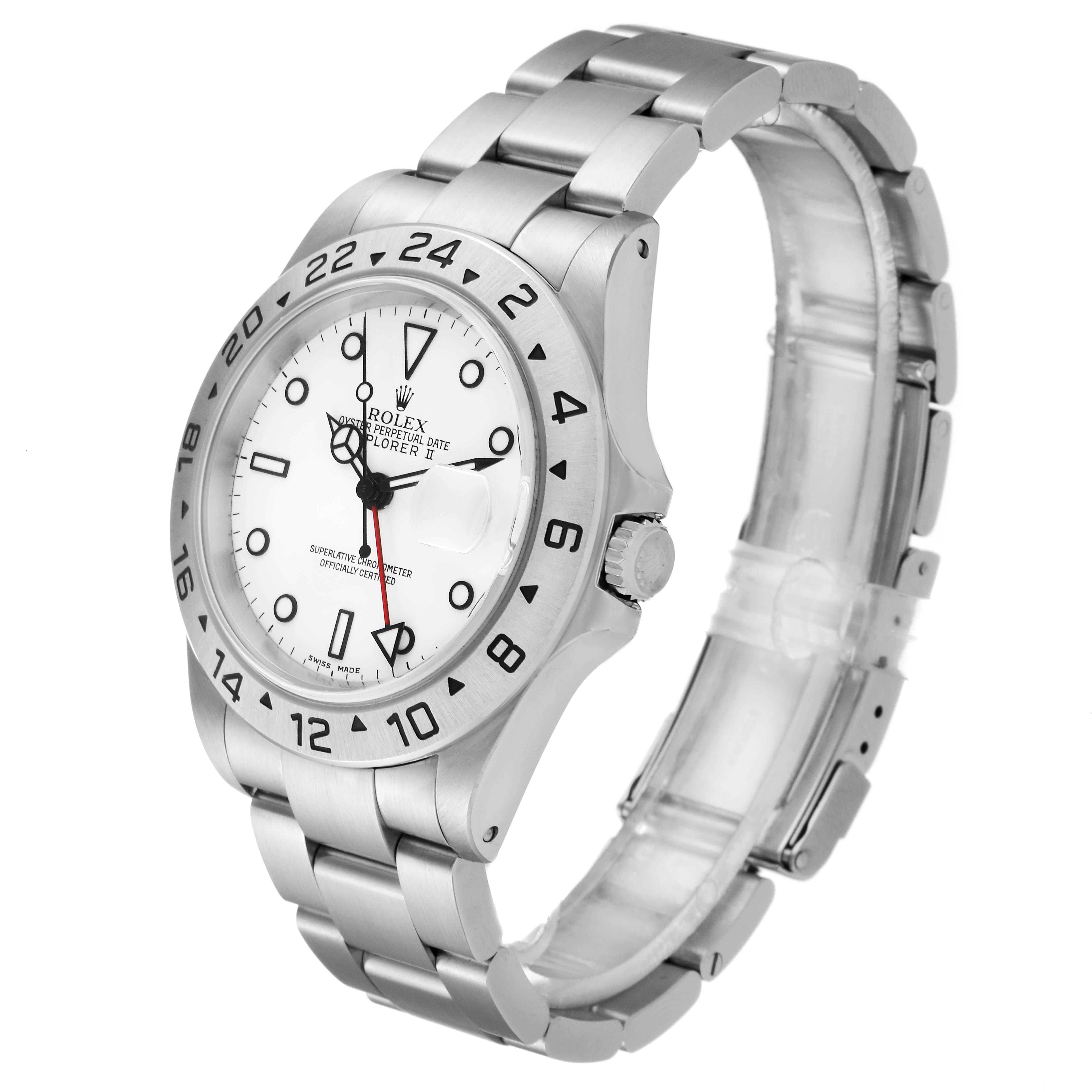 The image shows a side view of the Rolex Explorer 16570 Men's Stainless Steel White Dial 16570 Men's Stainless Steel White Dial watch, highlighting its bezel, dial, crown, and bracelet.