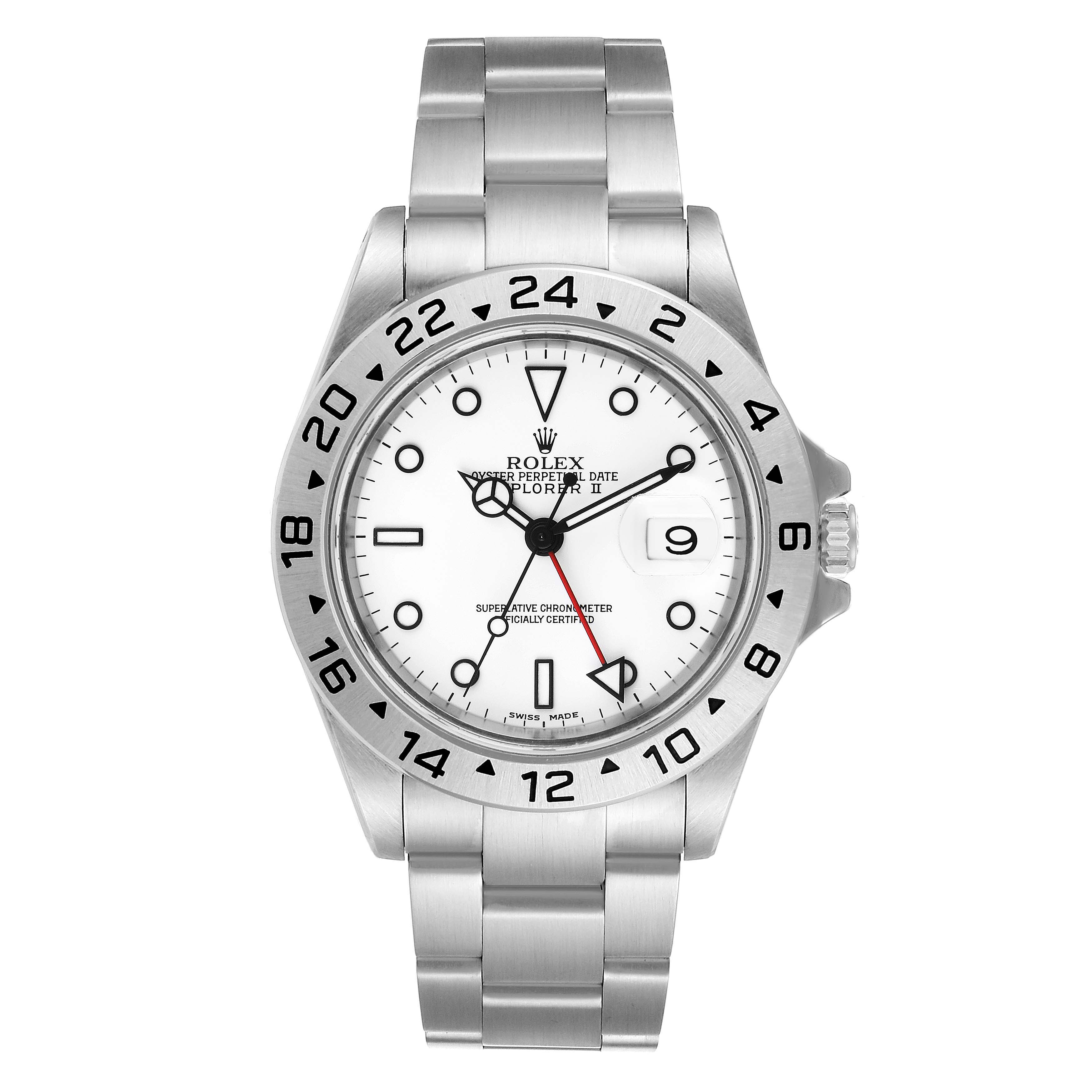 The image shows a frontal view of the Rolex Explorer 16570 Men's Stainless Steel White Dial 16570 Men's Stainless Steel White Dial watch, displaying its white dial, bezel, and stainless steel bracelet.