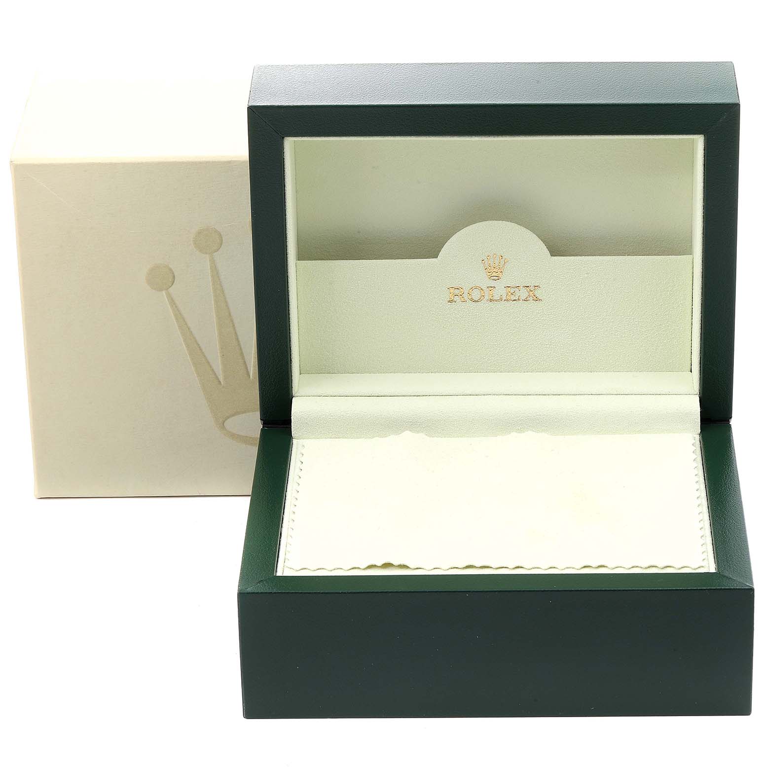 The image shows an open Rolex Explorer 16570 Men's Stainless Steel White Dial 16570 Men's Stainless Steel White Dial watch box and outer packaging from a front angle.