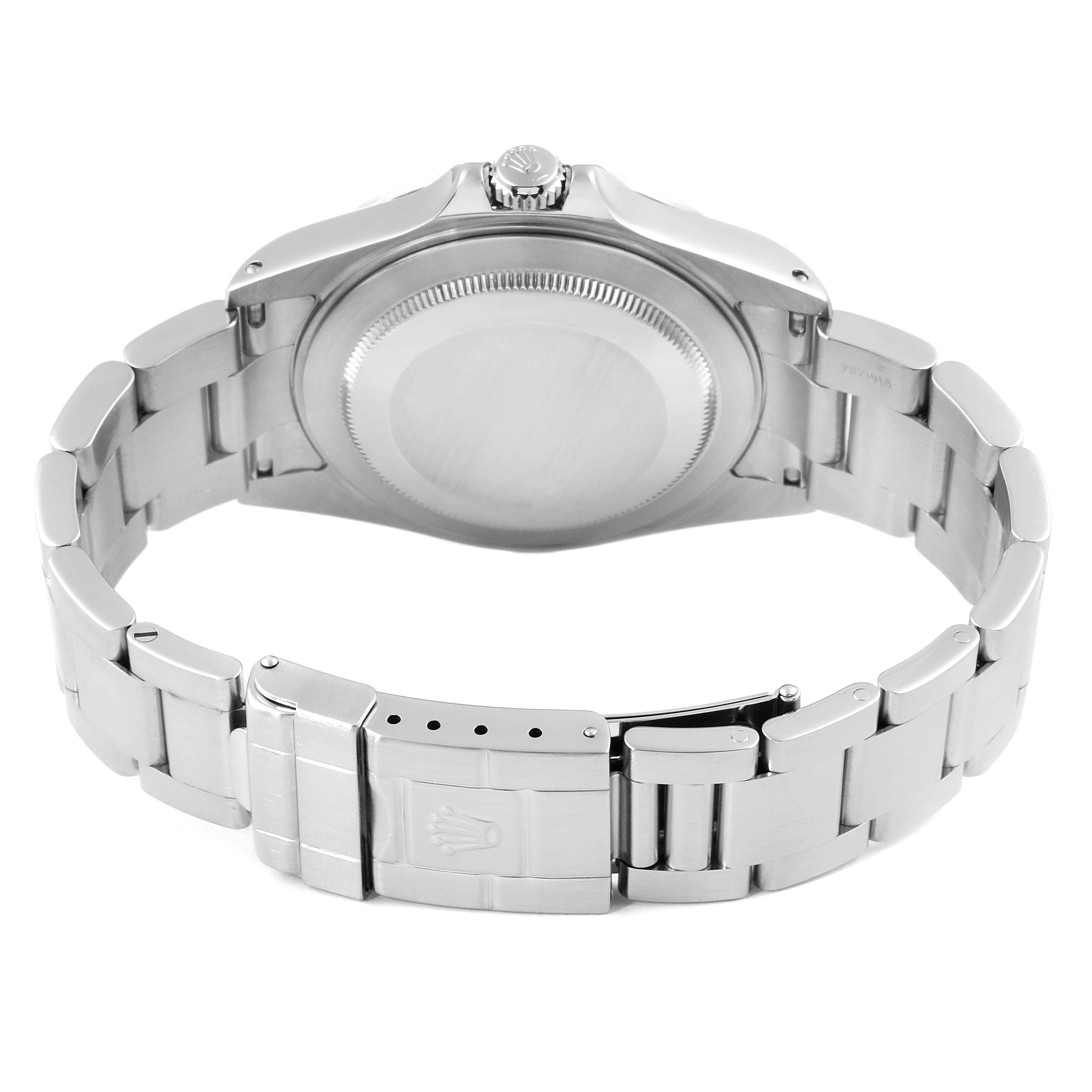 The image shows the back case and closed bracelet of a Rolex Explorer 16570 Men's Stainless Steel White Dial 16570 Men's Stainless Steel White Dial watch, viewed from the rear angle.